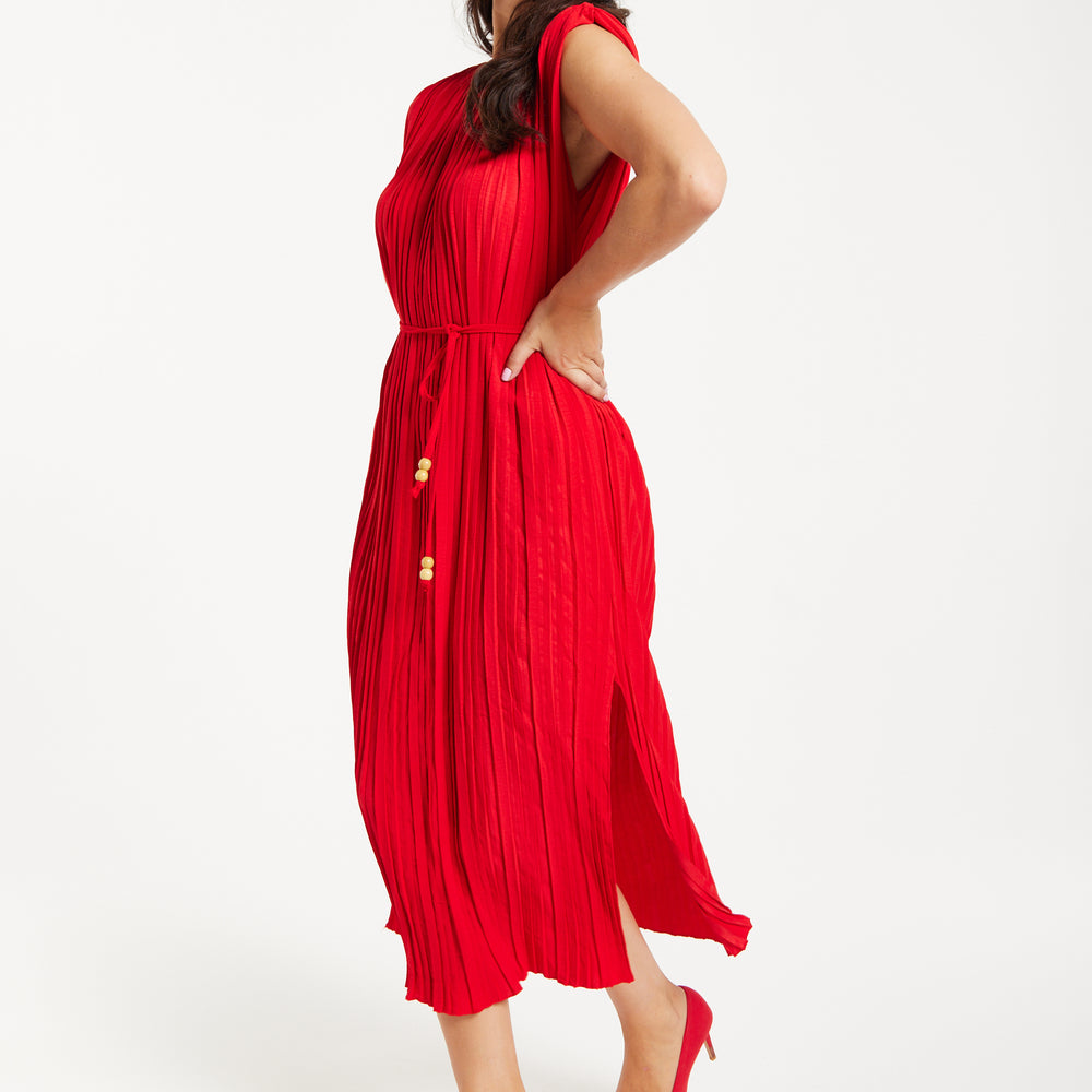 
                  
                    Women's Midi Dress with Sleeves - Flattering Pleated Red Design with Waist Tie - Stylish Elegance by Liquorish
                  
                