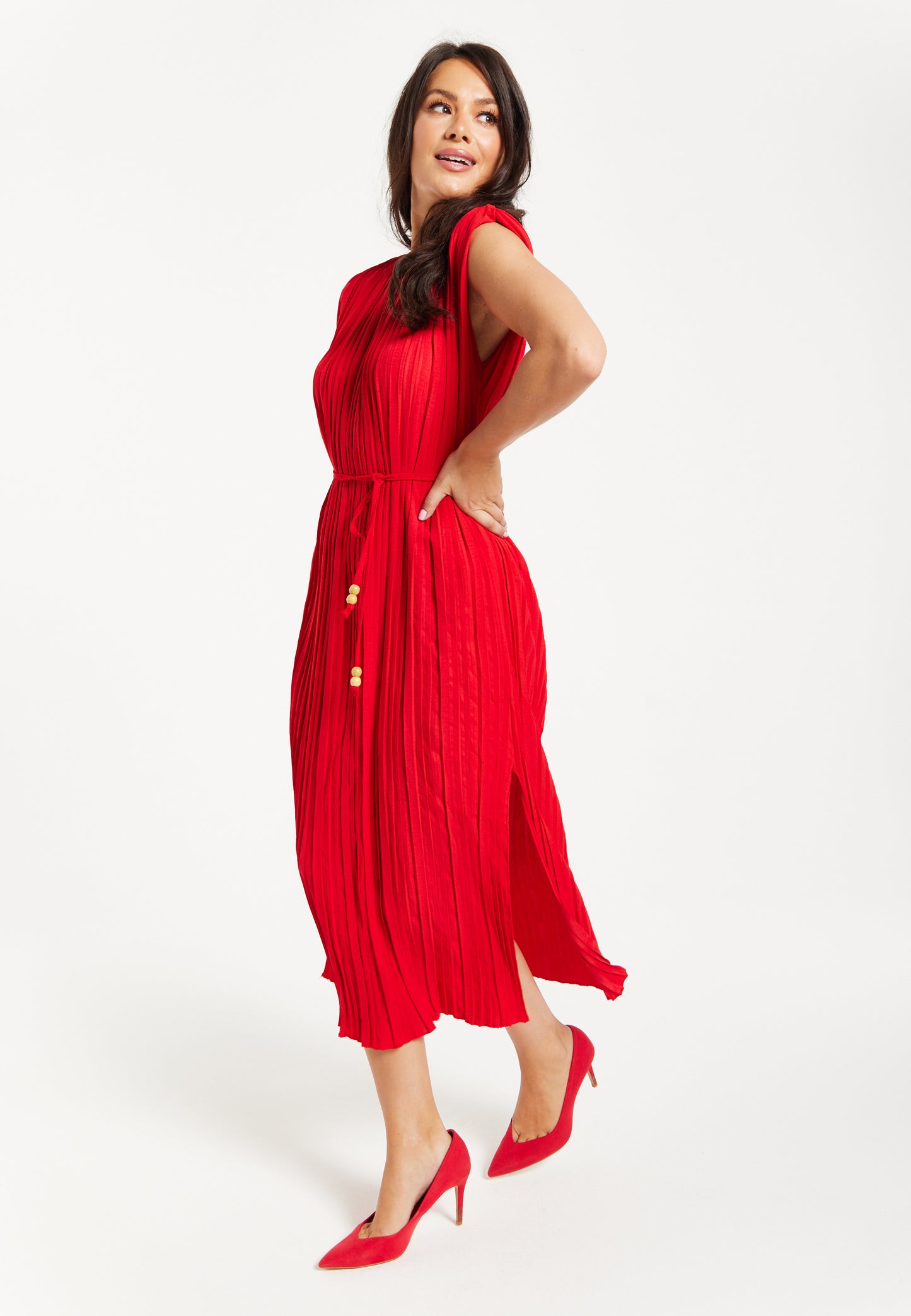 
                  
                    Women's Midi Dress with Sleeves - Flattering Pleated Red Design with Waist Tie - Stylish Elegance by Liquorish
                  
                