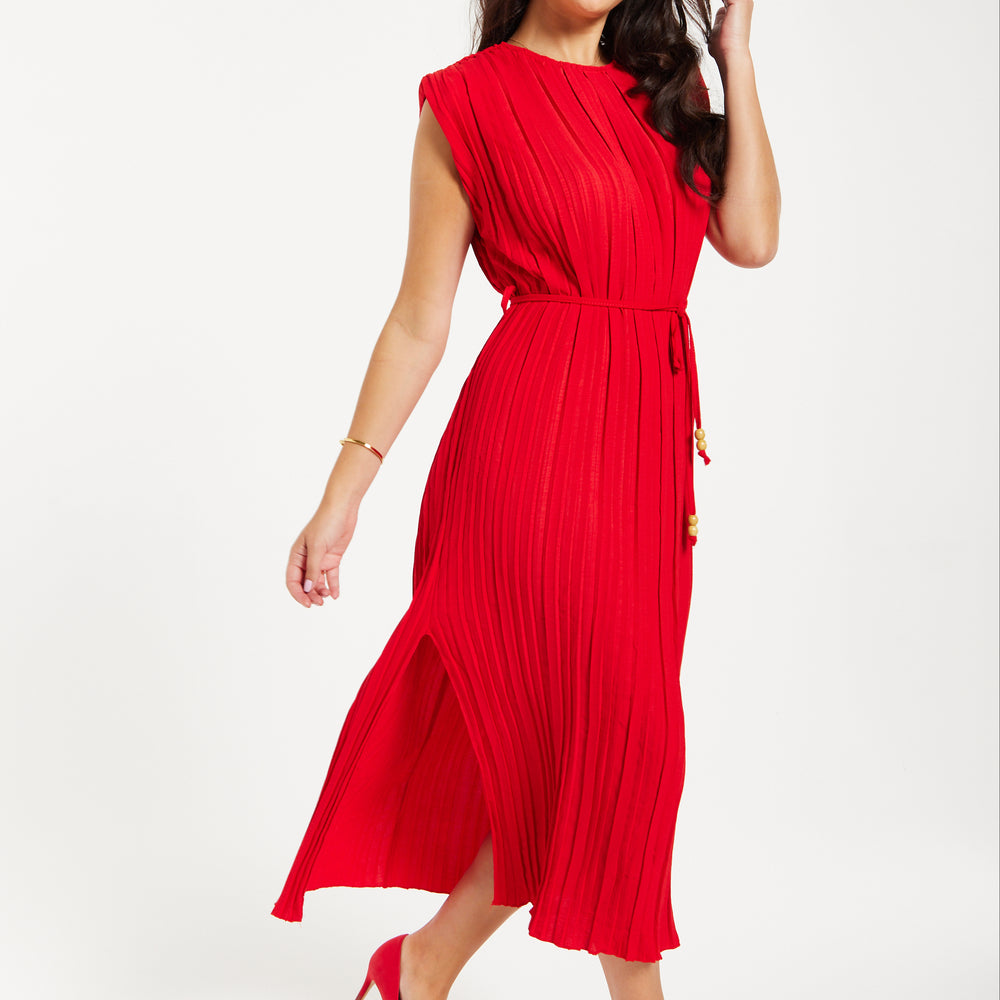 
                  
                    Women's Midi Dress with Sleeves - Flattering Pleated Red Design with Waist Tie - Stylish Elegance by Liquorish
                  
                