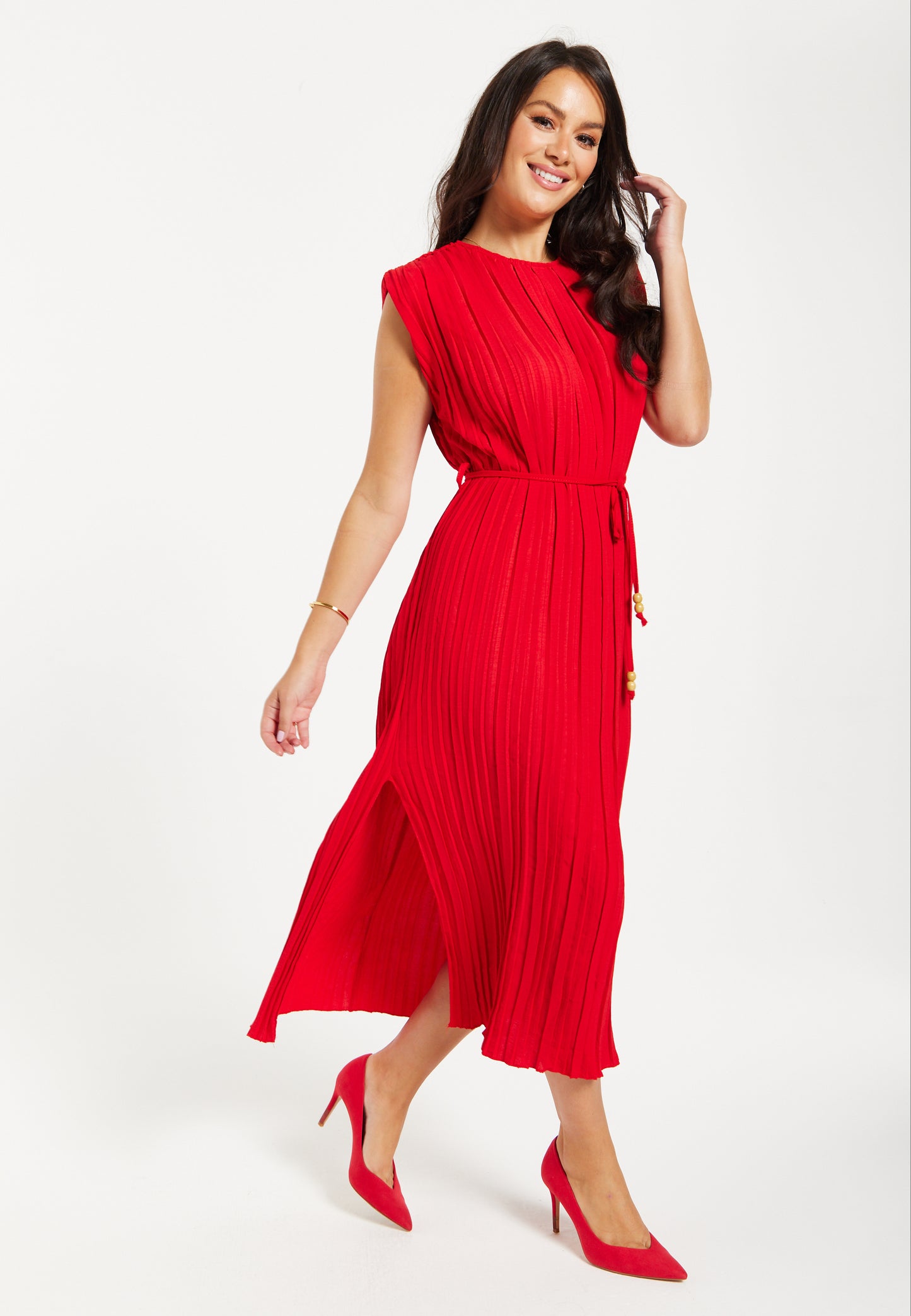 
                  
                    Women's Midi Dress with Sleeves - Flattering Pleated Red Design with Waist Tie - Stylish Elegance by Liquorish
                  
                