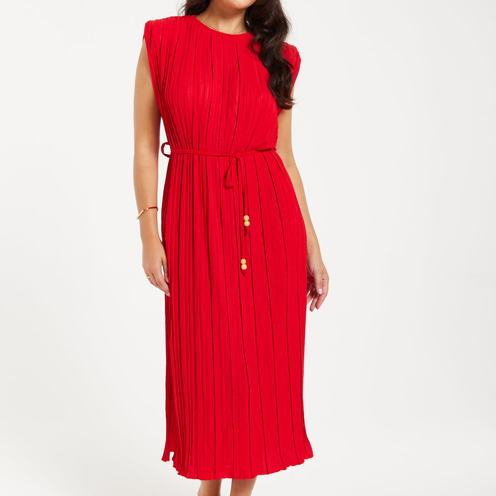 
                  
                    Women's Midi Dress with Sleeves - Flattering Pleated Red Design with Waist Tie - Stylish Elegance by Liquorish
                  
                