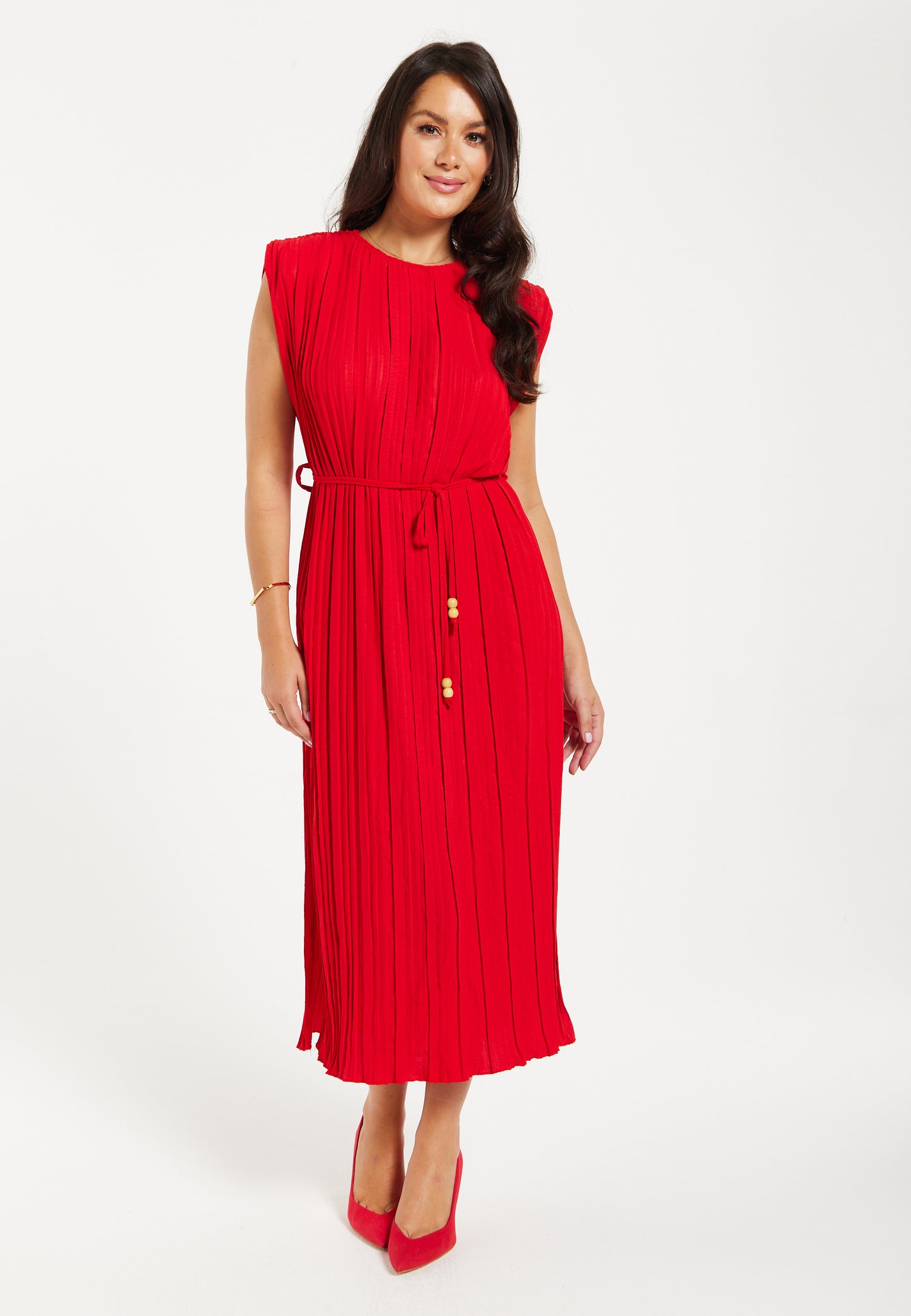 
                  
                    Women's Midi Dress with Sleeves - Flattering Pleated Red Design with Waist Tie - Stylish Elegance by Liquorish
                  
                