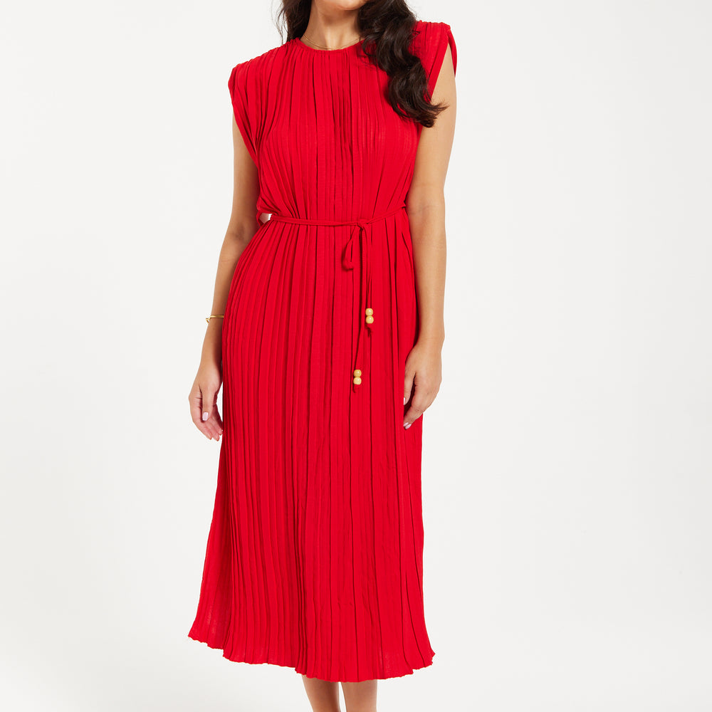 
                  
                    Women's Midi Dress with Sleeves - Flattering Pleated Red Design with Waist Tie - Stylish Elegance by Liquorish
                  
                