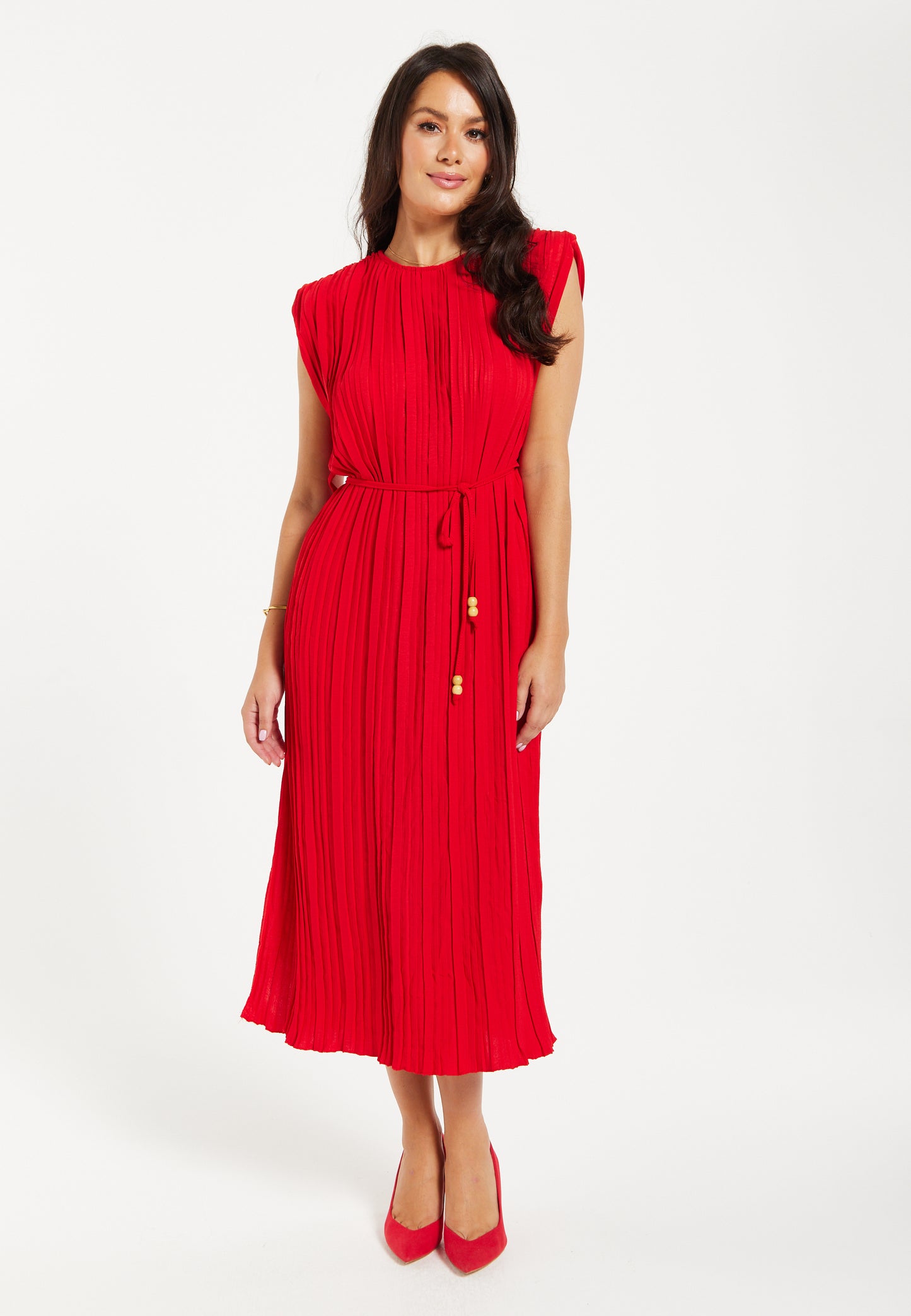 
                  
                    Women's Midi Dress with Sleeves - Flattering Pleated Red Design with Waist Tie - Stylish Elegance by Liquorish
                  
                