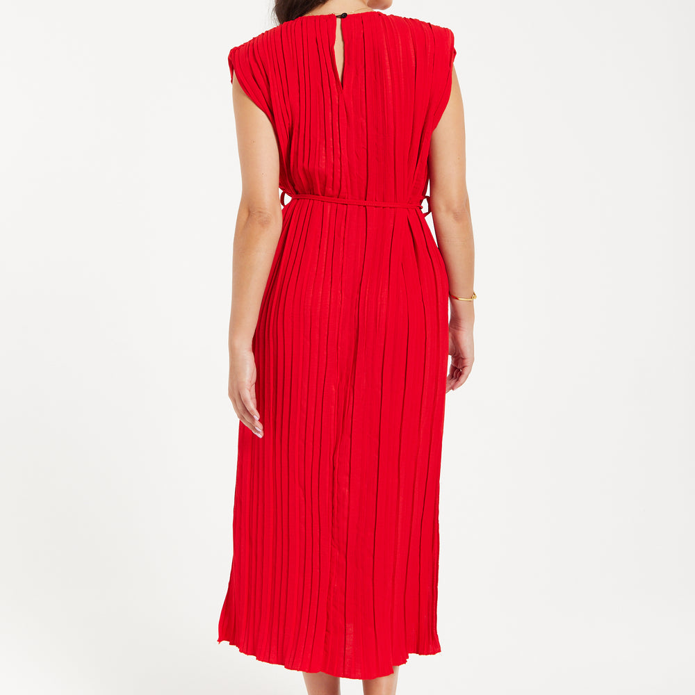 
                  
                    Women's Midi Dress with Sleeves - Flattering Pleated Red Design with Waist Tie - Stylish Elegance by Liquorish
                  
                