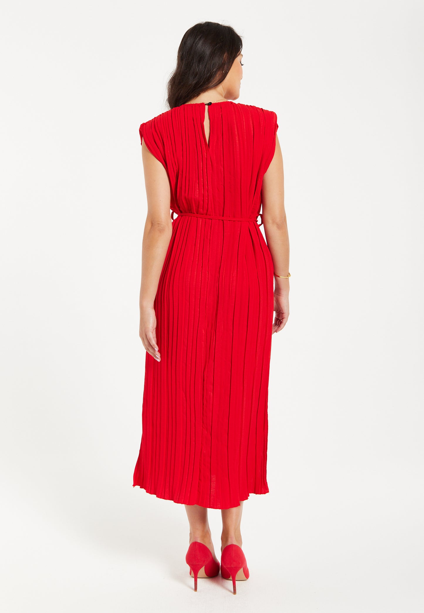 
                  
                    Women's Midi Dress with Sleeves - Flattering Pleated Red Design with Waist Tie - Stylish Elegance by Liquorish
                  
                