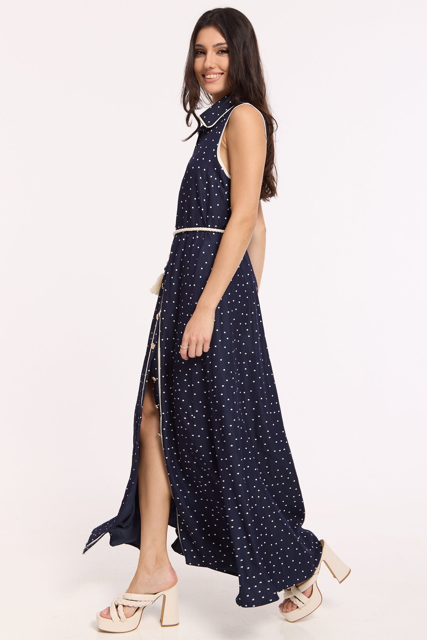 
                  
                    Navy Polka Dot Button Maxi Dress
                  
                