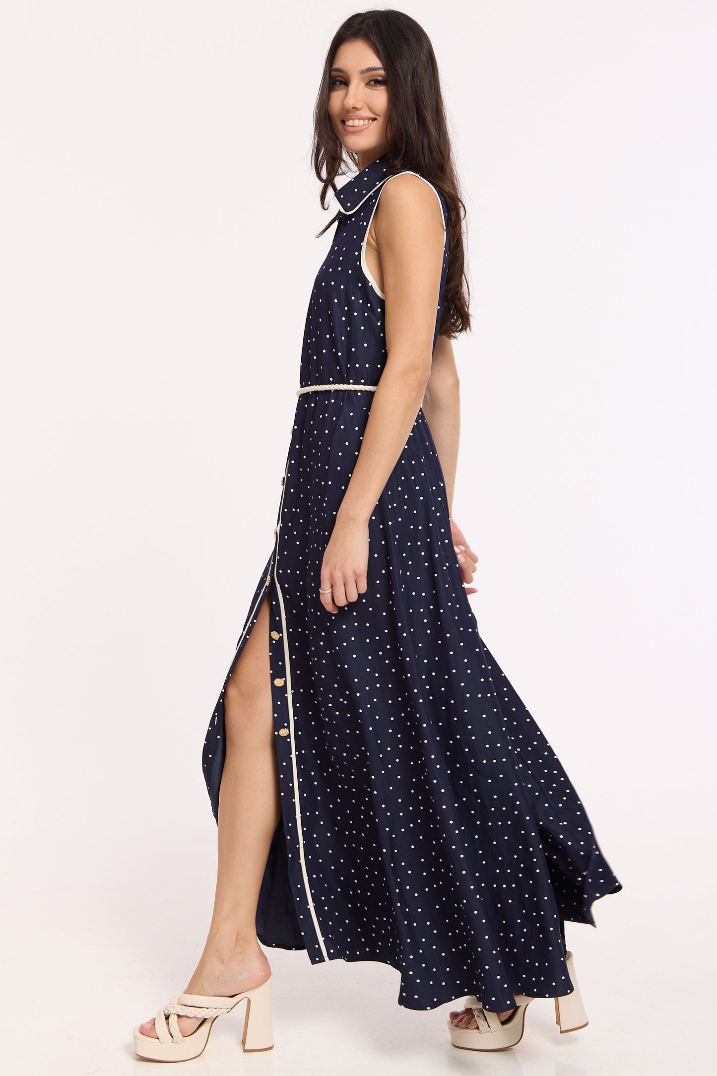 
                  
                    Navy Polka Dot Button Maxi Dress
                  
                