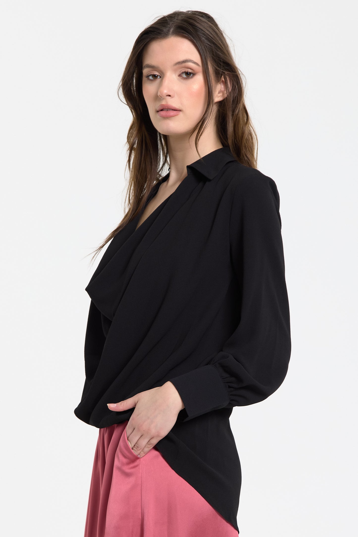 
                  
                    Black Draped Cowl Neck Blouse
                  
                