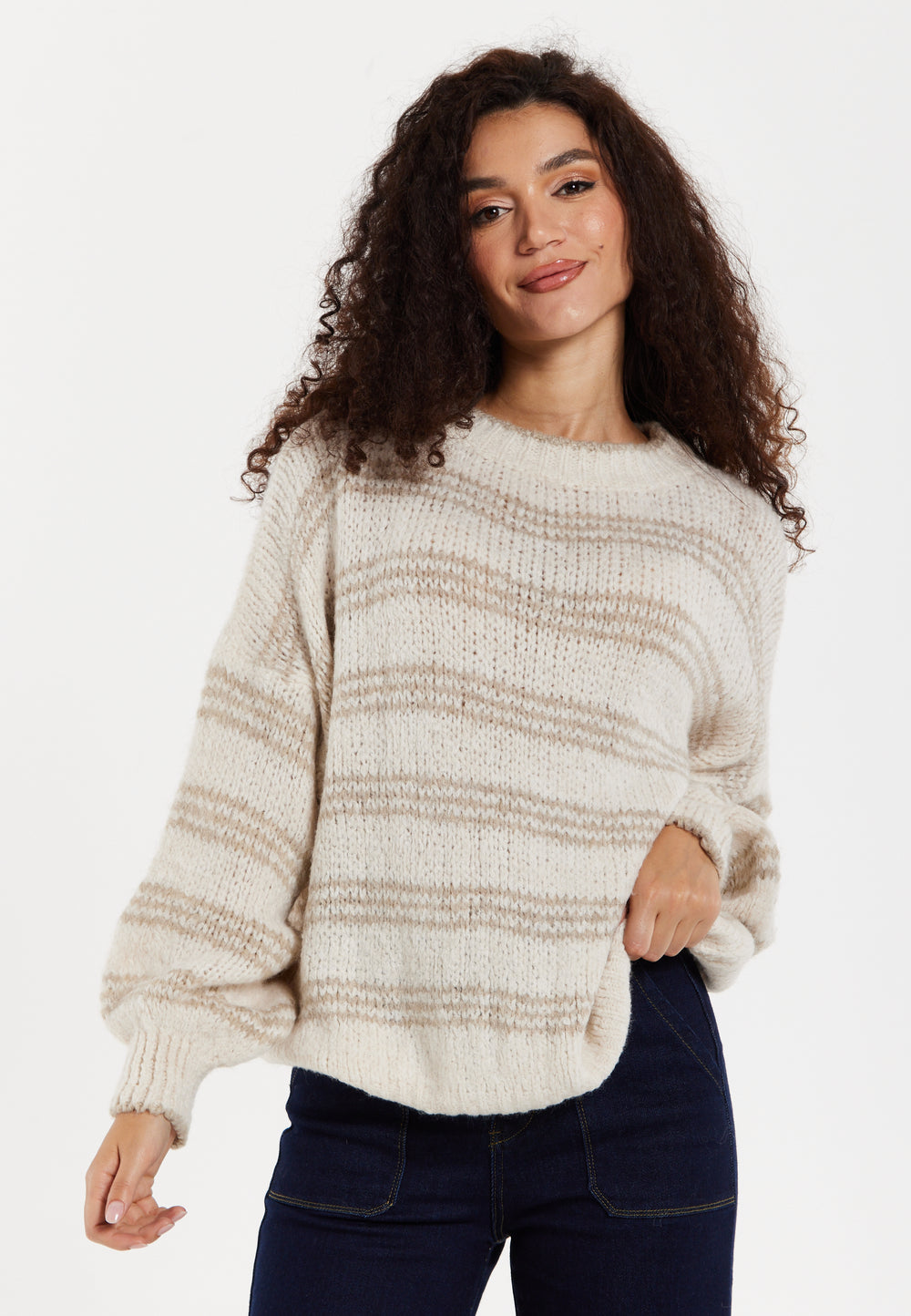 Women's Beige Oversized Knitted Jumper with Long Sleeves and Bold Stripes - Liquorish