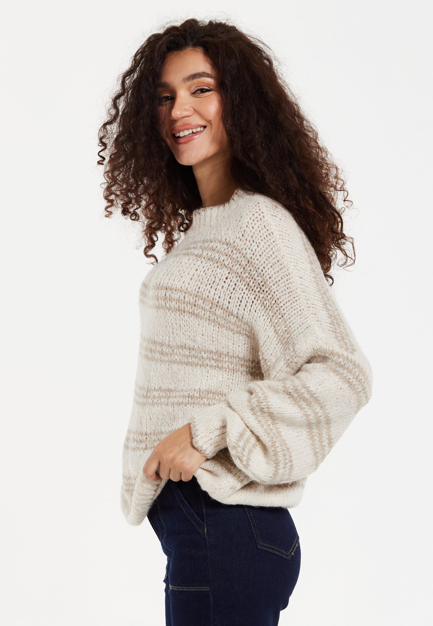 
                  
                    Women's Beige Oversized Knitted Jumper with Long Sleeves and Bold Stripes - Liquorish
                  
                