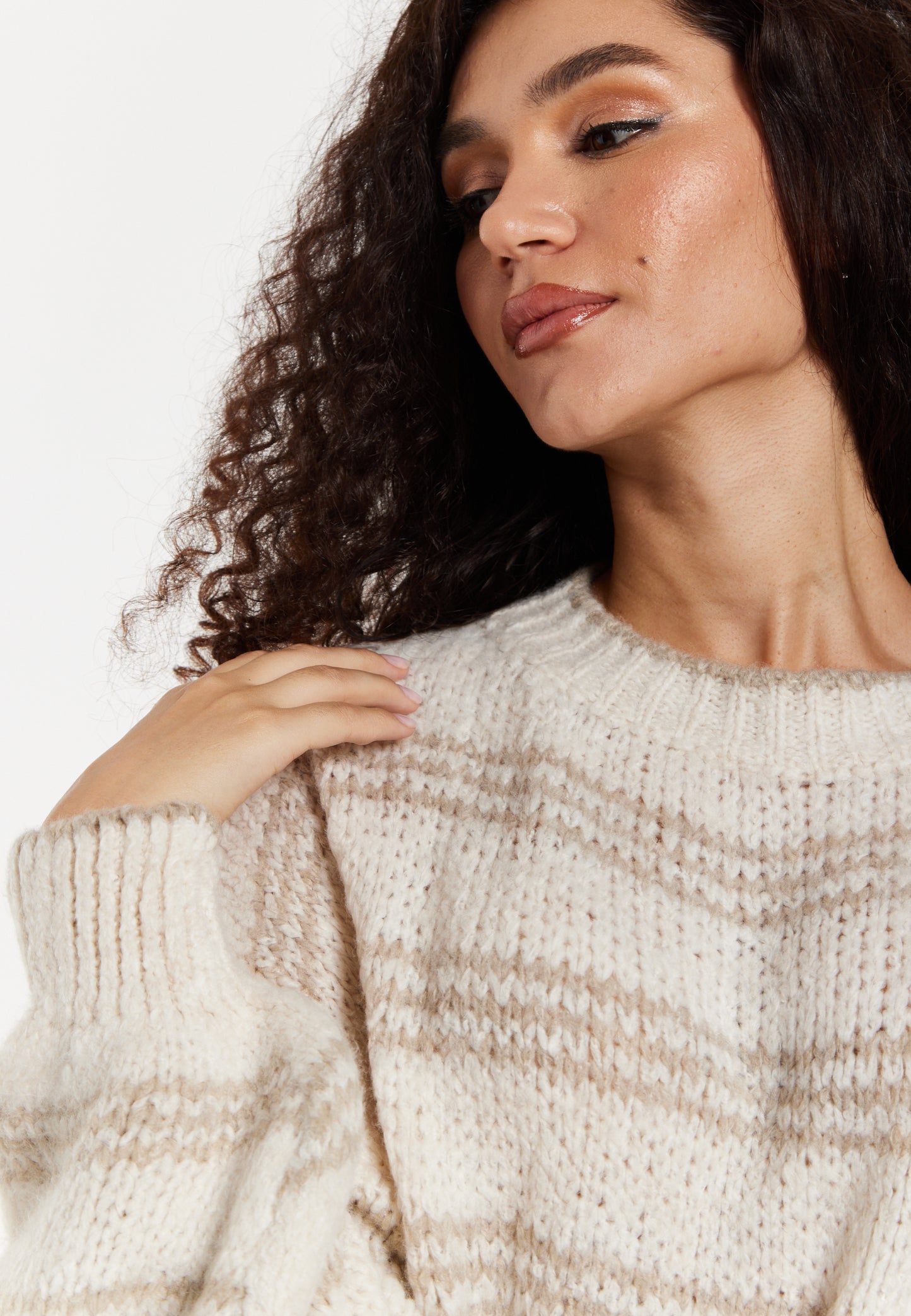 
                  
                    Women's Beige Oversized Knitted Jumper with Long Sleeves and Bold Stripes - Liquorish
                  
                