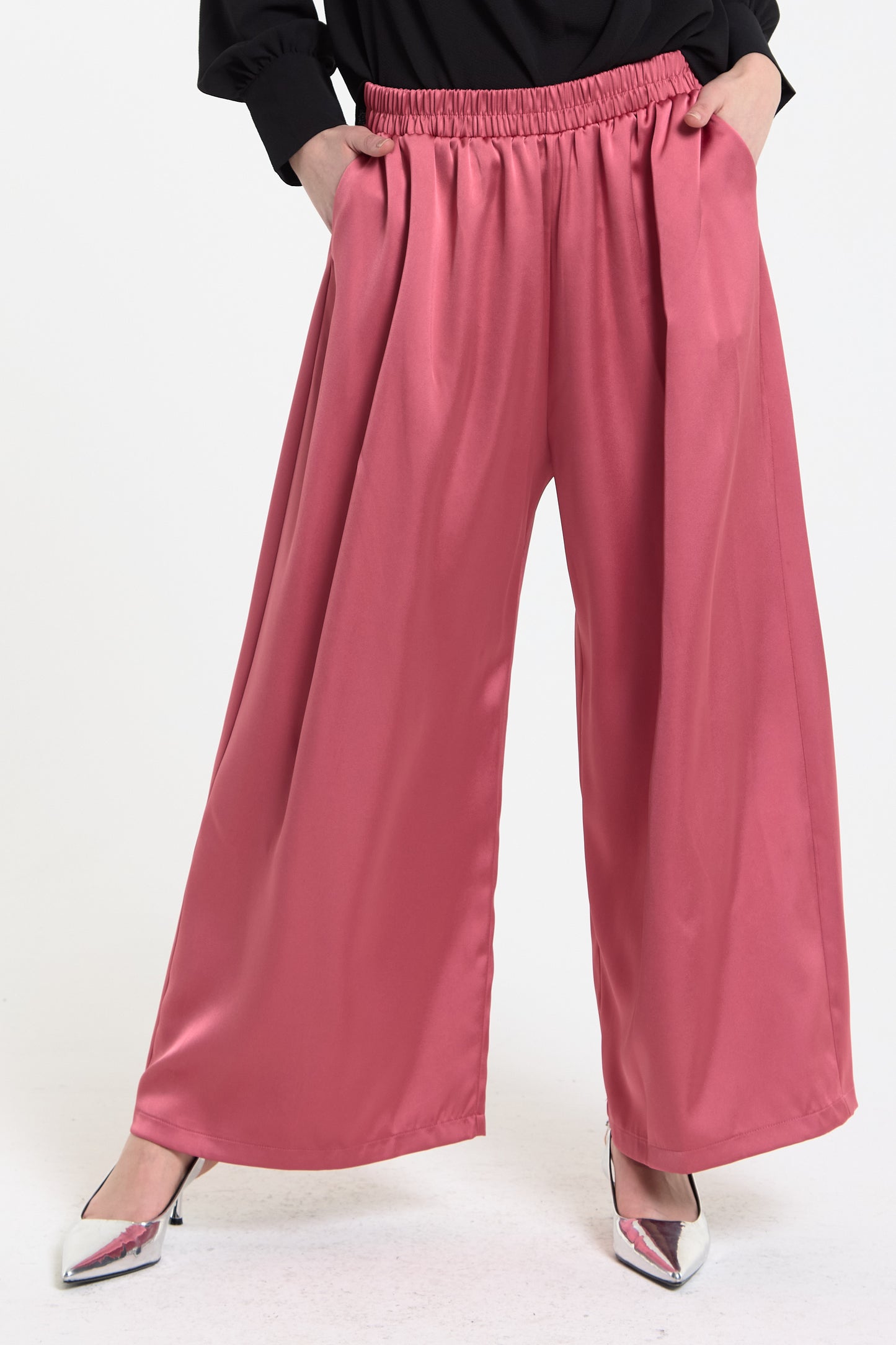 
                  
                    Pink Satin Wide Leg Trousers
                  
                