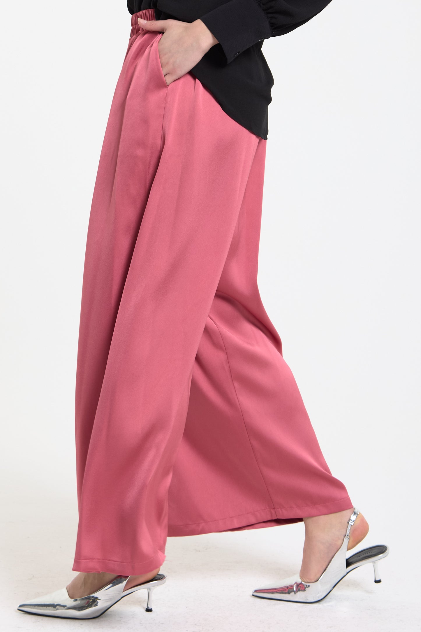 
                  
                    Pink Satin Wide Leg Trousers
                  
                