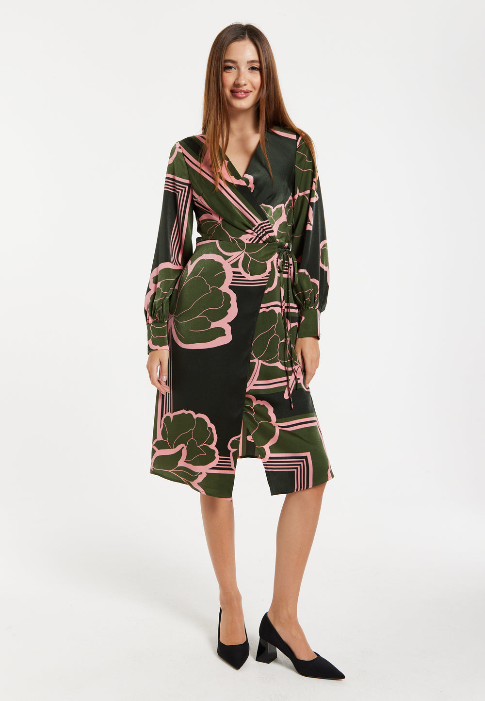 Women's Midi Wrap Dress in Dark Green with Long Sleeves and Geometric Floral Print by Liquorish