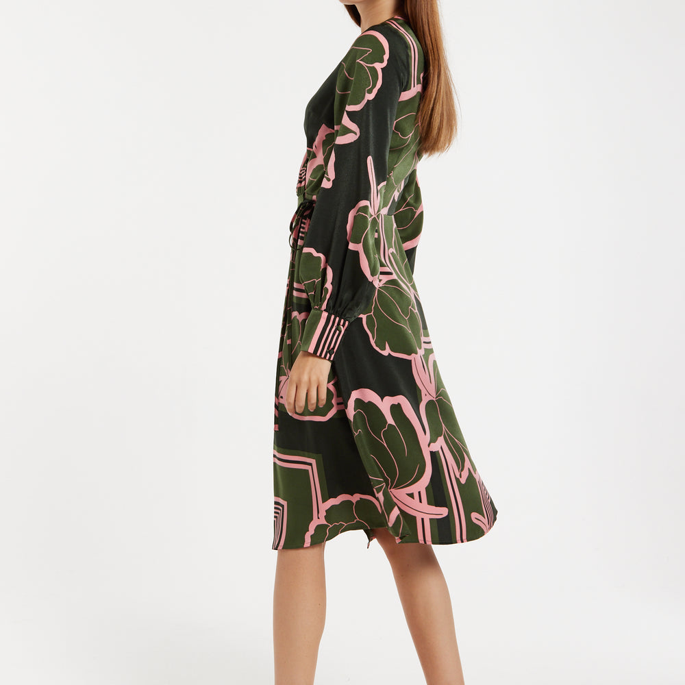 
                  
                    Women's Midi Wrap Dress in Dark Green with Long Sleeves and Geometric Floral Print by Liquorish
                  
                