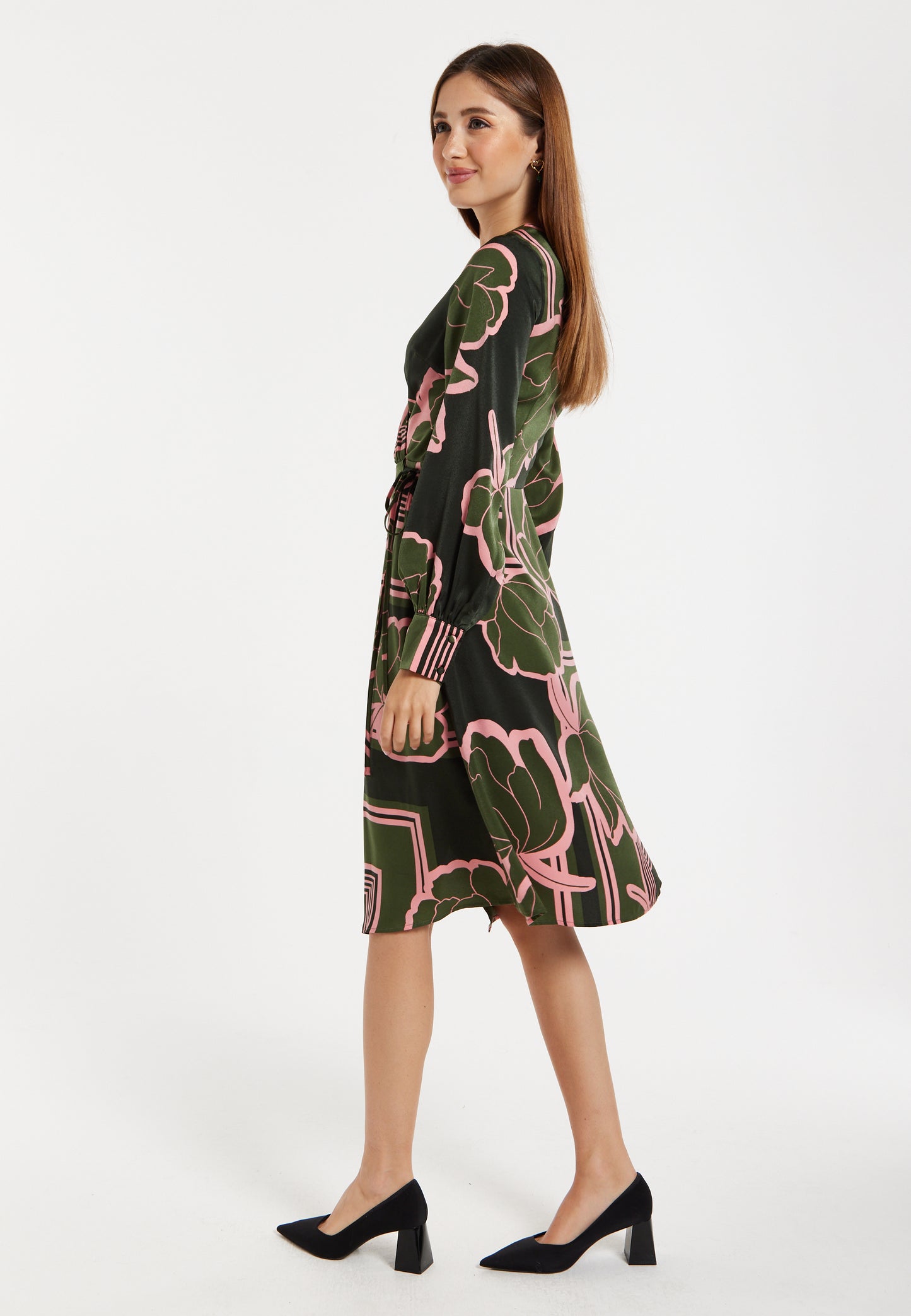 
                  
                    Women's Midi Wrap Dress in Dark Green with Long Sleeves and Geometric Floral Print by Liquorish
                  
                