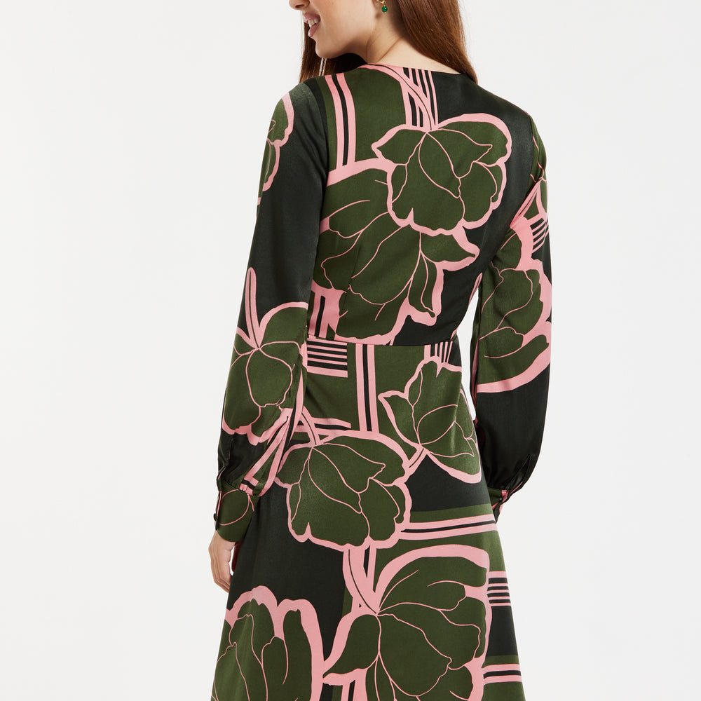 
                  
                    Women's Midi Wrap Dress in Dark Green with Long Sleeves and Geometric Floral Print by Liquorish
                  
                