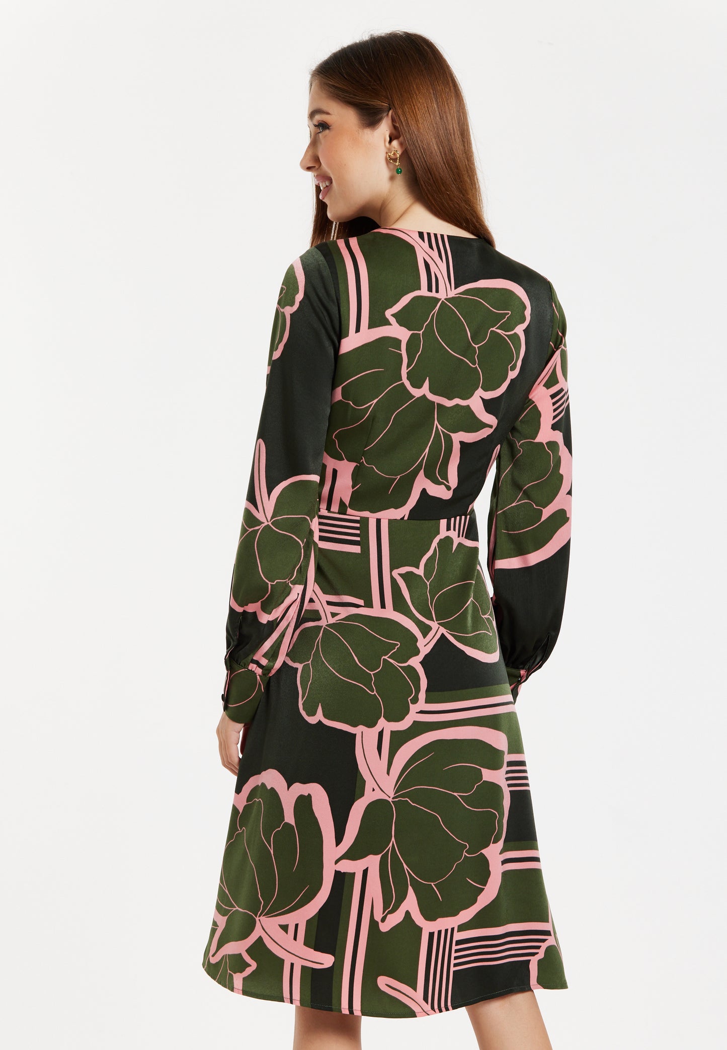 
                  
                    Women's Midi Wrap Dress in Dark Green with Long Sleeves and Geometric Floral Print by Liquorish
                  
                