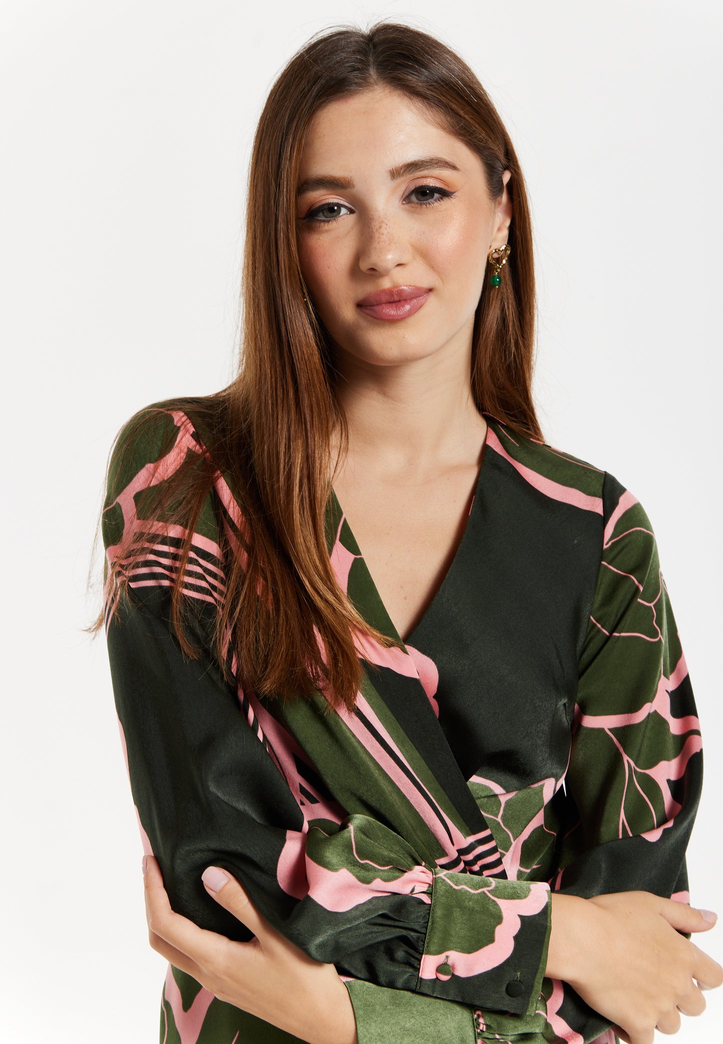 
                  
                    Women's Midi Wrap Dress in Dark Green with Long Sleeves and Geometric Floral Print by Liquorish
                  
                