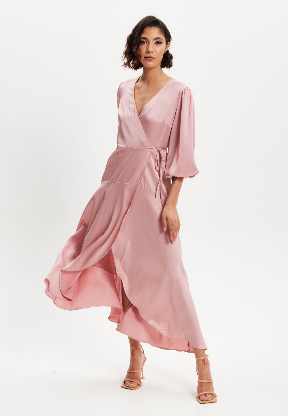 Liquorish Pink Midi Wrap Dress With Short Puff Sleeves