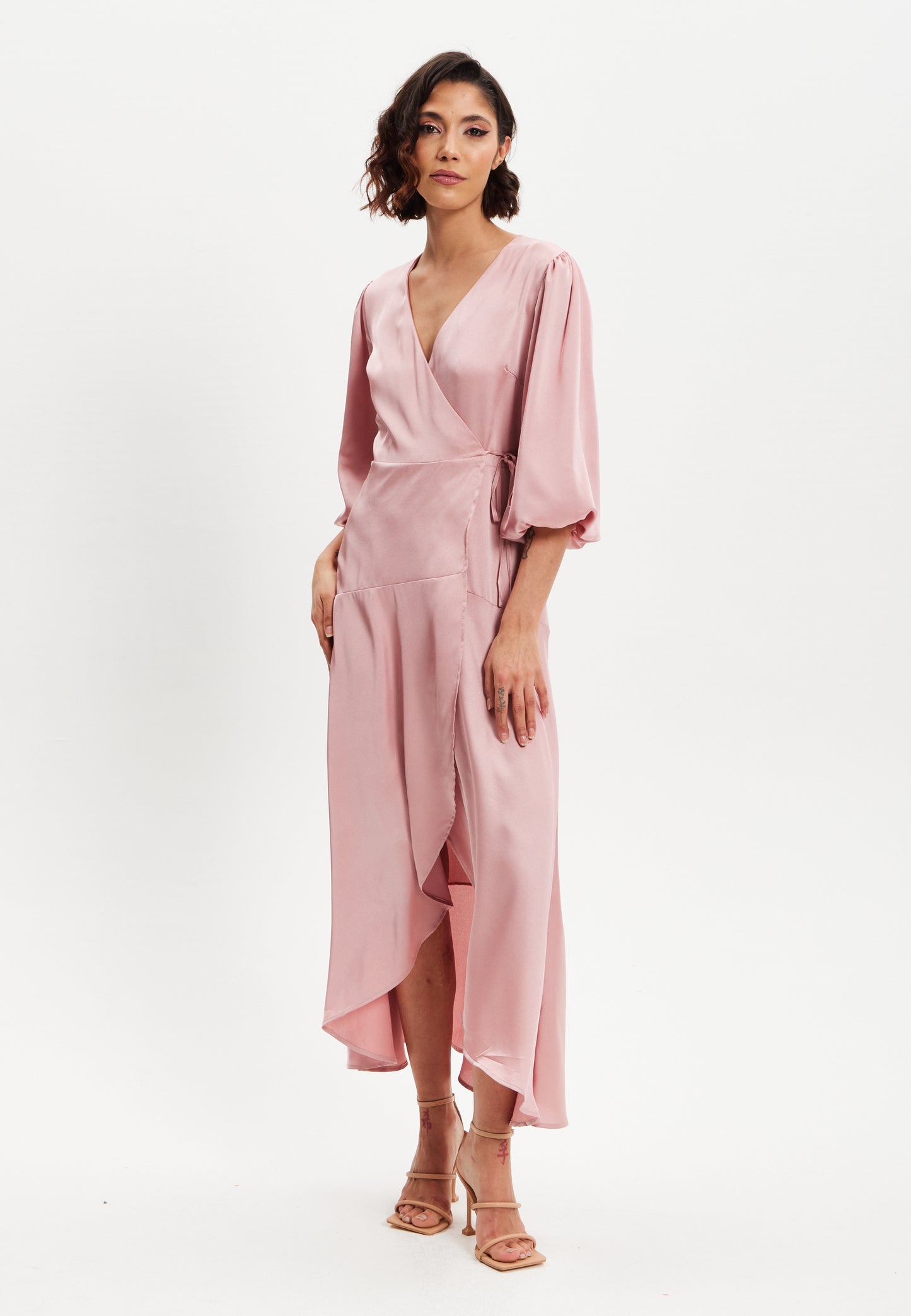 
                  
                    Liquorish Pink Midi Wrap Dress With Short Puff Sleeves
                  
                