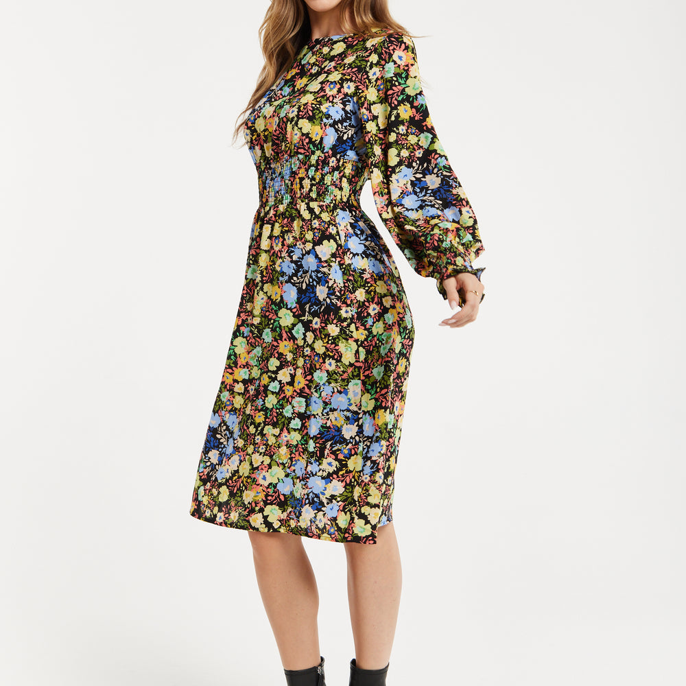 
                  
                    Women's Midi Dress with Long Balloon Sleeves in Floral Print and Smock Waist - Liquorish
                  
                