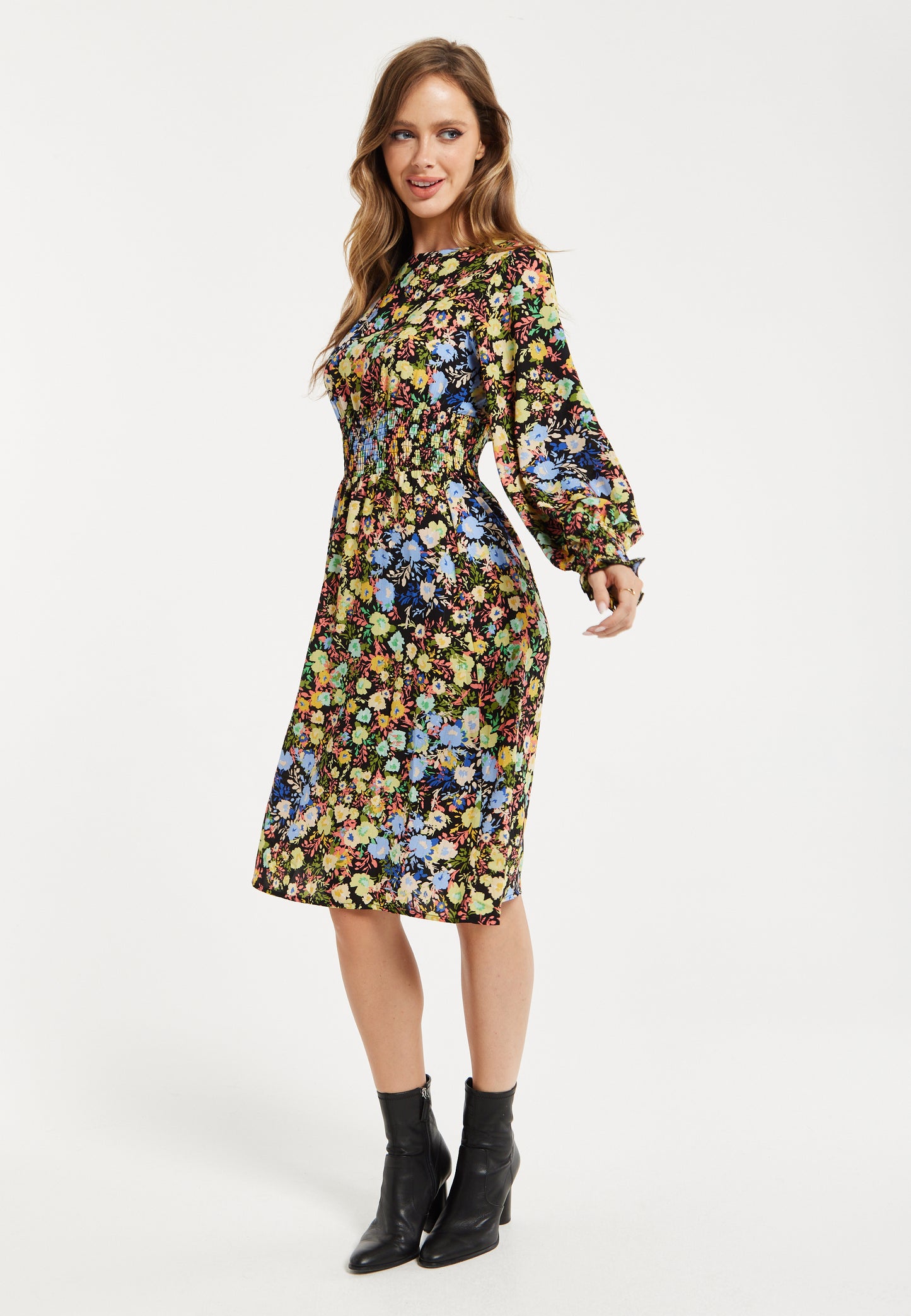 
                  
                    Women's Midi Dress with Long Balloon Sleeves in Floral Print and Smock Waist - Liquorish
                  
                