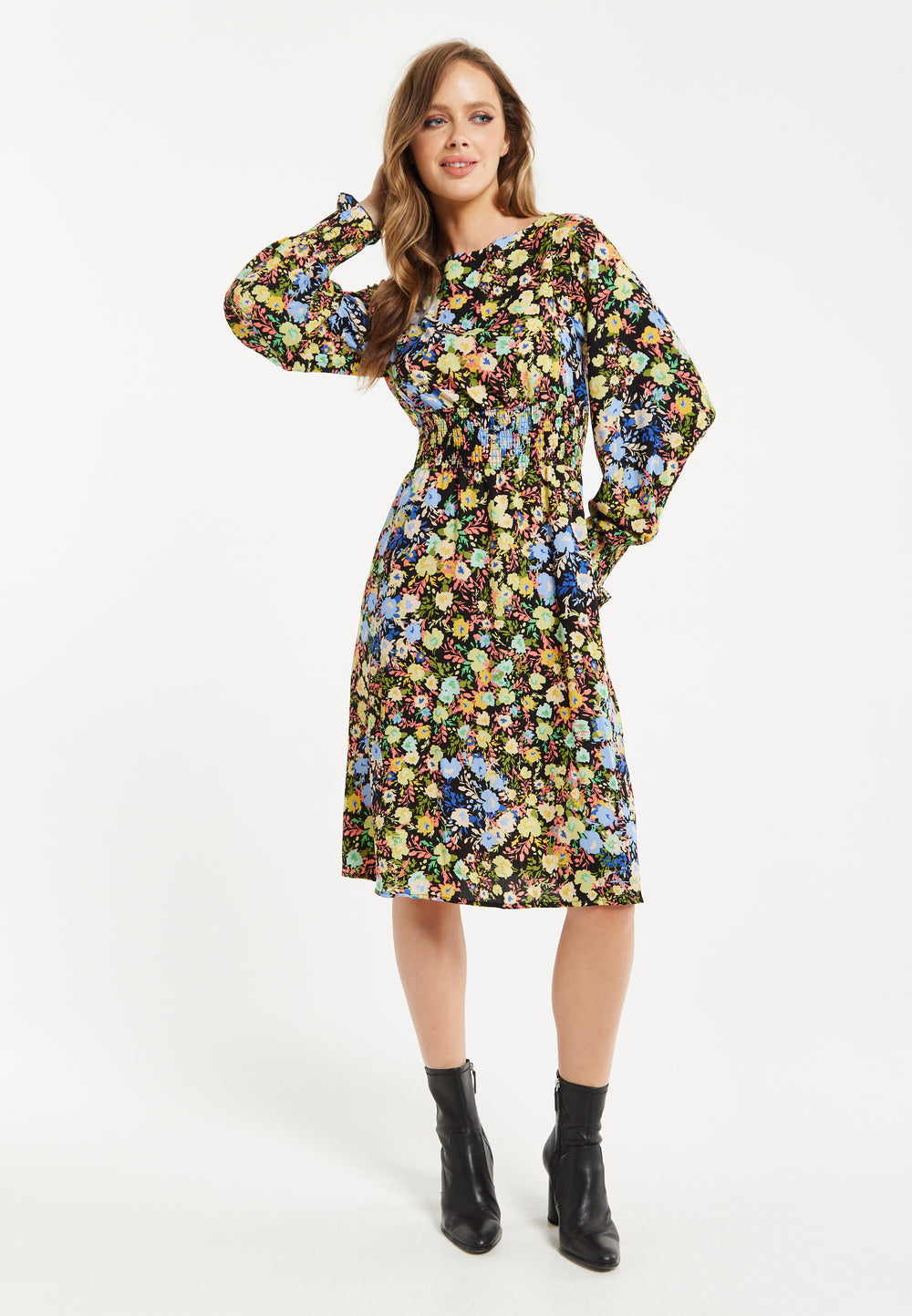 Women's Midi Dress with Long Balloon Sleeves in Floral Print and Smock Waist - Liquorish