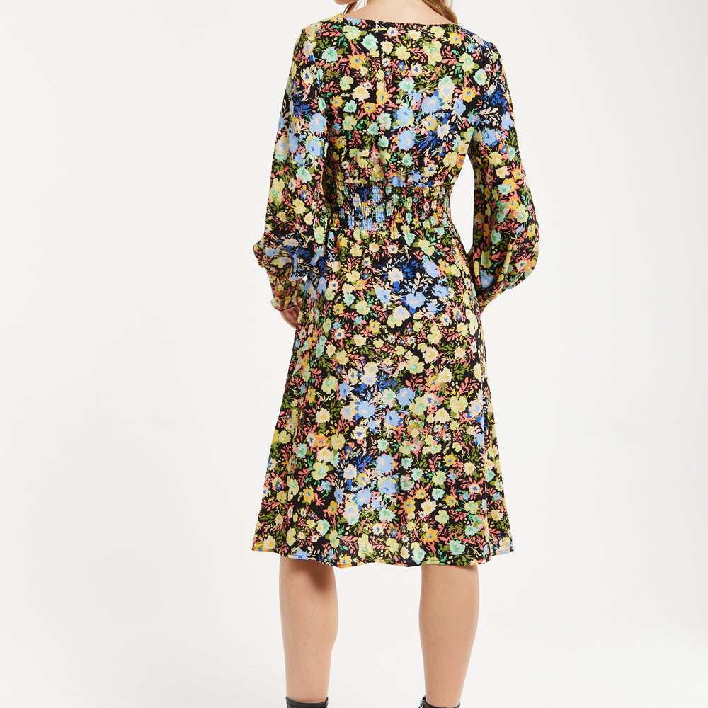 
                  
                    Women's Midi Dress with Long Balloon Sleeves in Floral Print and Smock Waist - Liquorish
                  
                