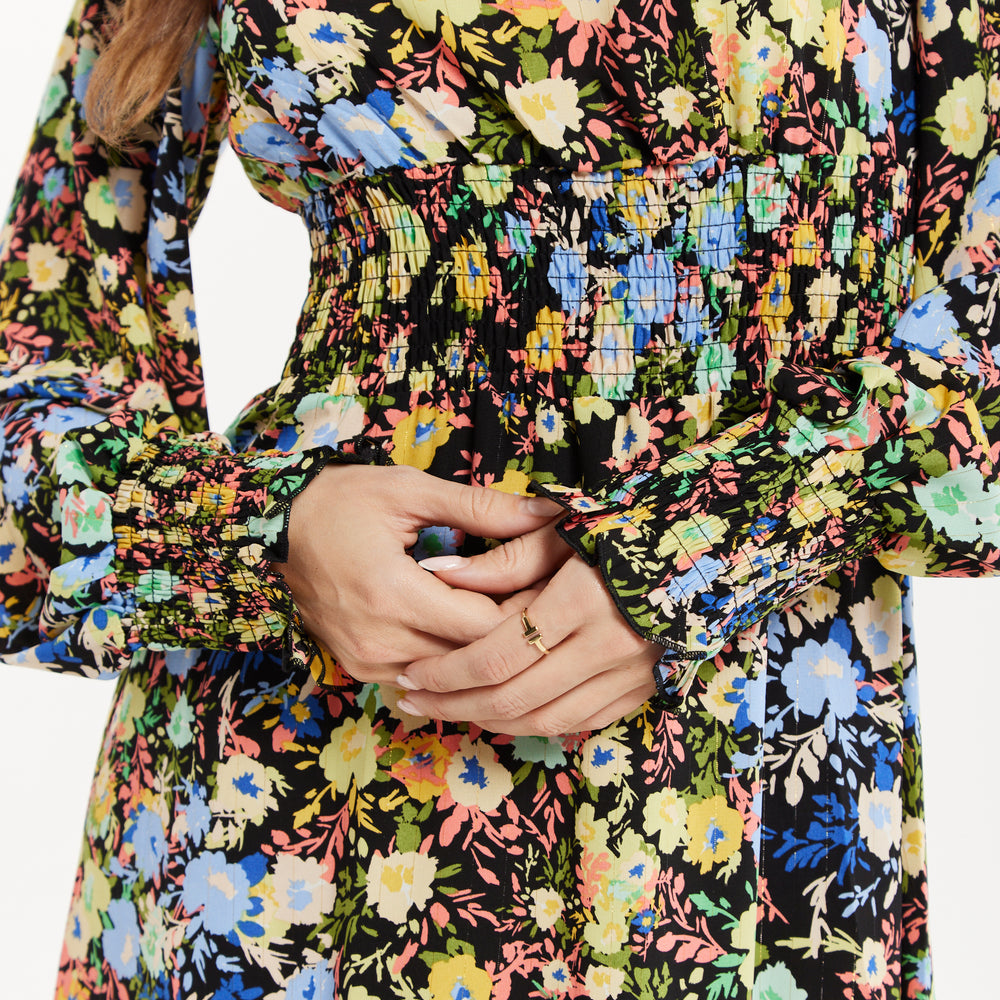 
                  
                    Women's Midi Dress with Long Balloon Sleeves in Floral Print and Smock Waist - Liquorish
                  
                