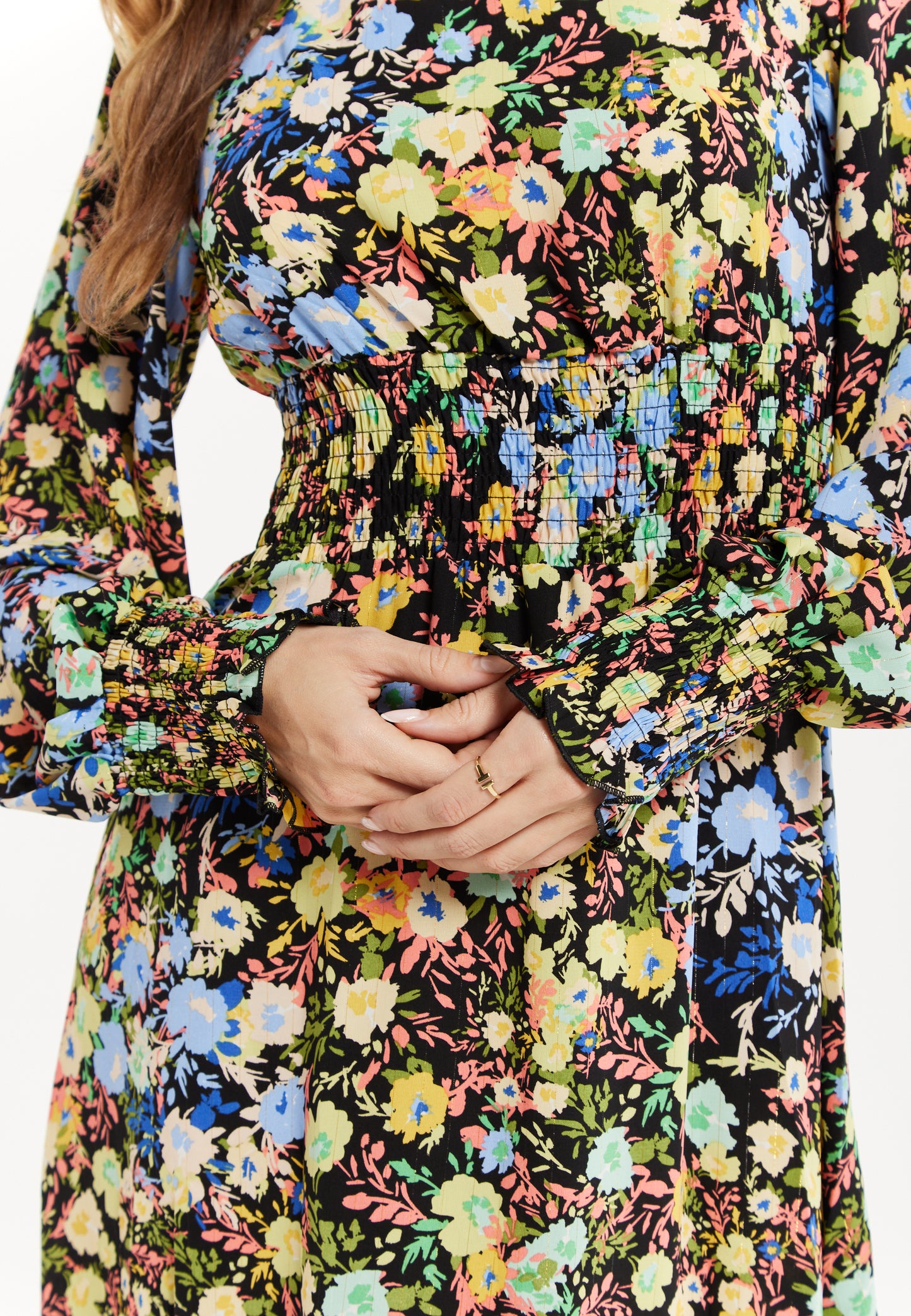 
                  
                    Women's Midi Dress with Long Balloon Sleeves in Floral Print and Smock Waist - Liquorish
                  
                