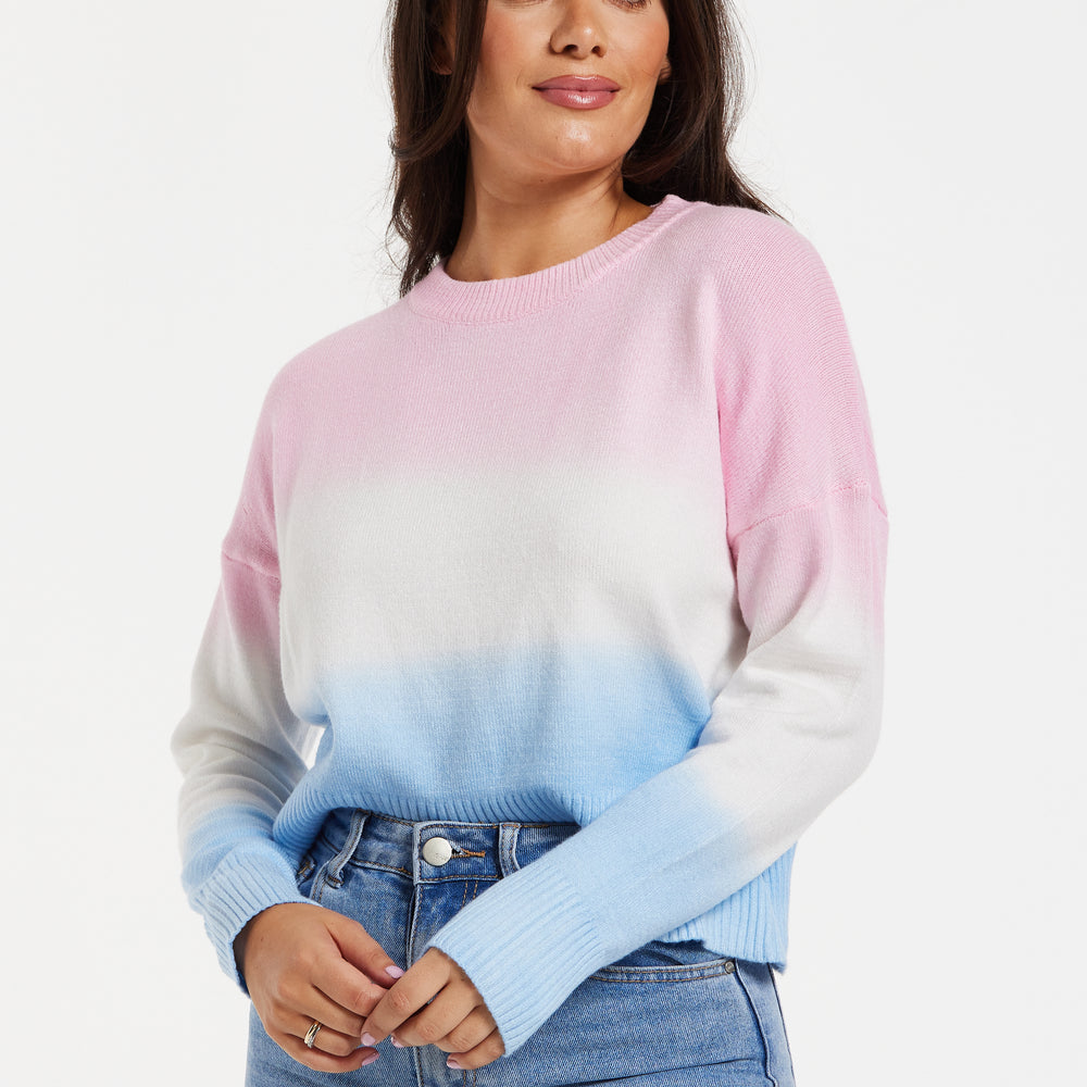 
                  
                    Women's Jumper with Long Sleeves in Ombre Pink, White, and Blue - Soft and Cozy Regular Fit Design
                  
                