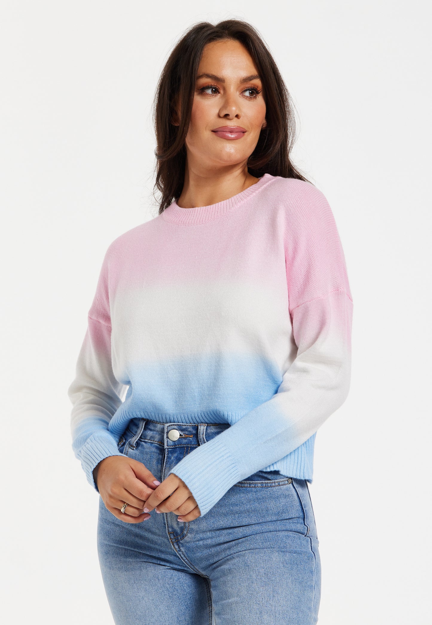 
                  
                    Women's Jumper with Long Sleeves in Ombre Pink, White, and Blue - Soft and Cozy Regular Fit Design
                  
                