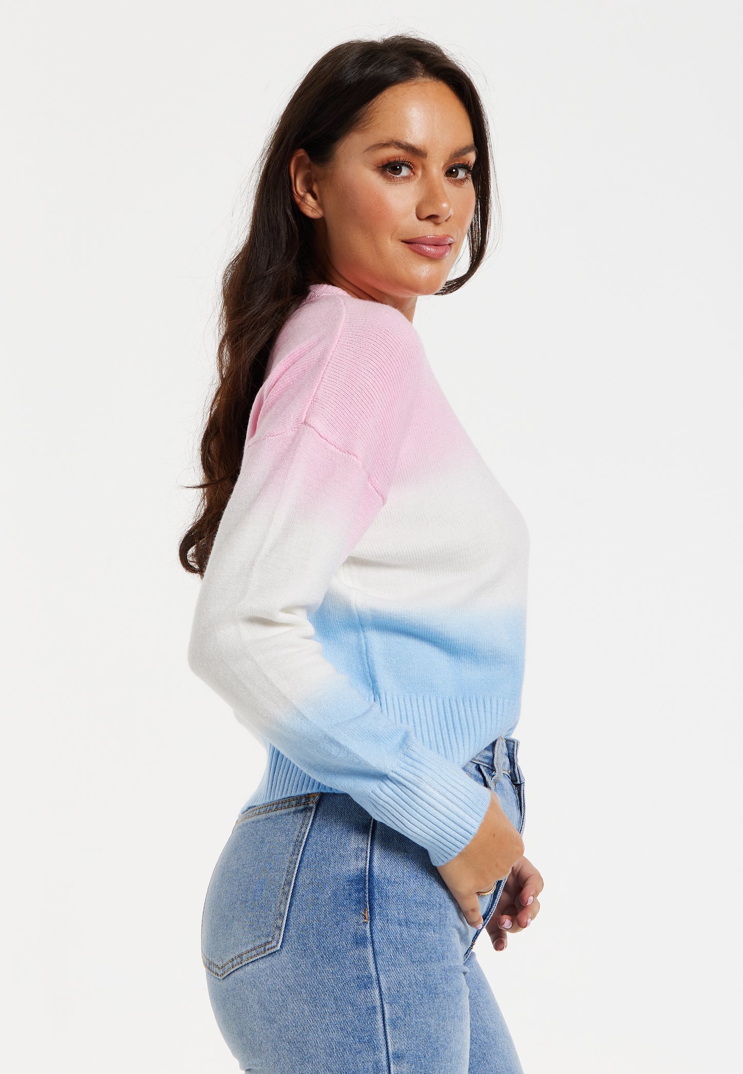 
                  
                    Women's Jumper with Long Sleeves in Ombre Pink, White, and Blue - Soft and Cozy Regular Fit Design
                  
                