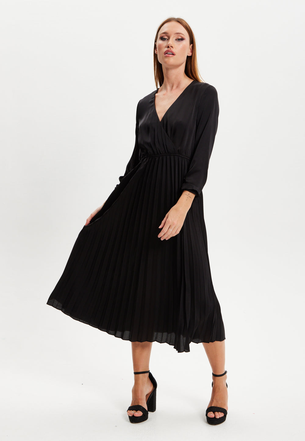 Liquorish Black Midi Dress With Pleat Details