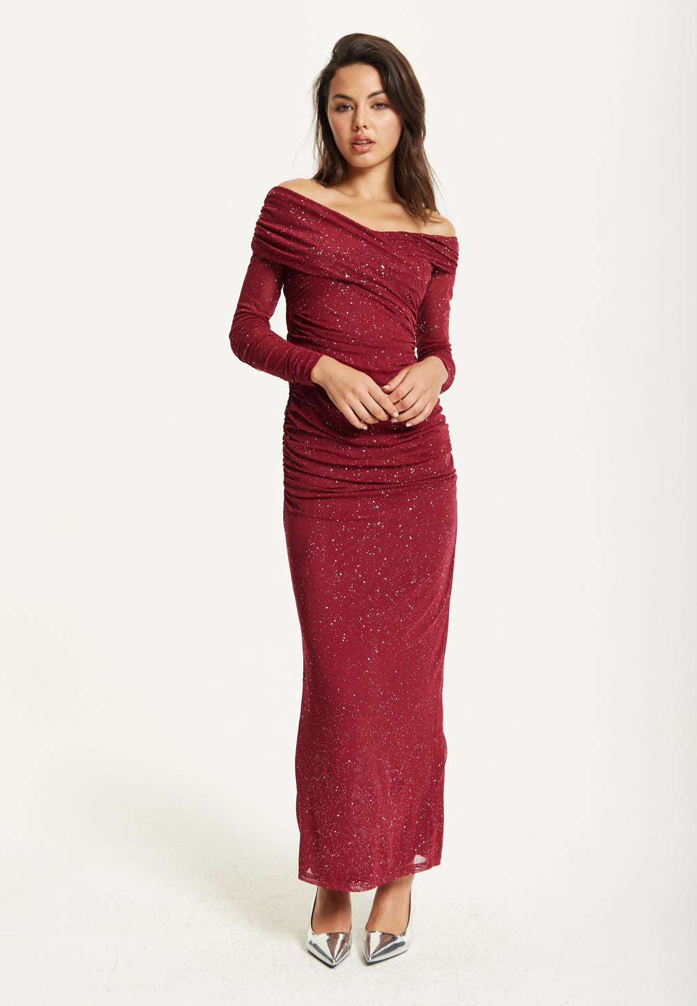 Burgundy Glitter Off Shoulder Maxi Dress