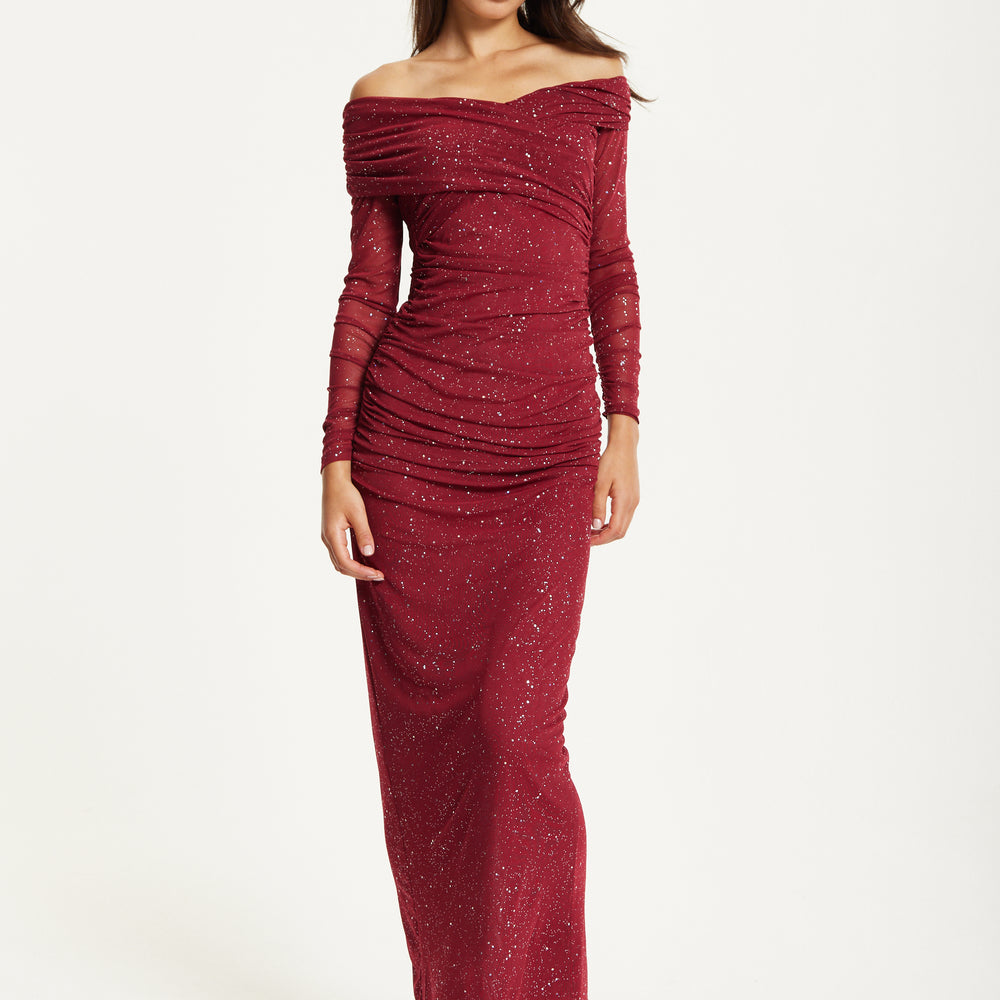 
                  
                    Burgundy Glitter Off Shoulder Maxi Dress
                  
                