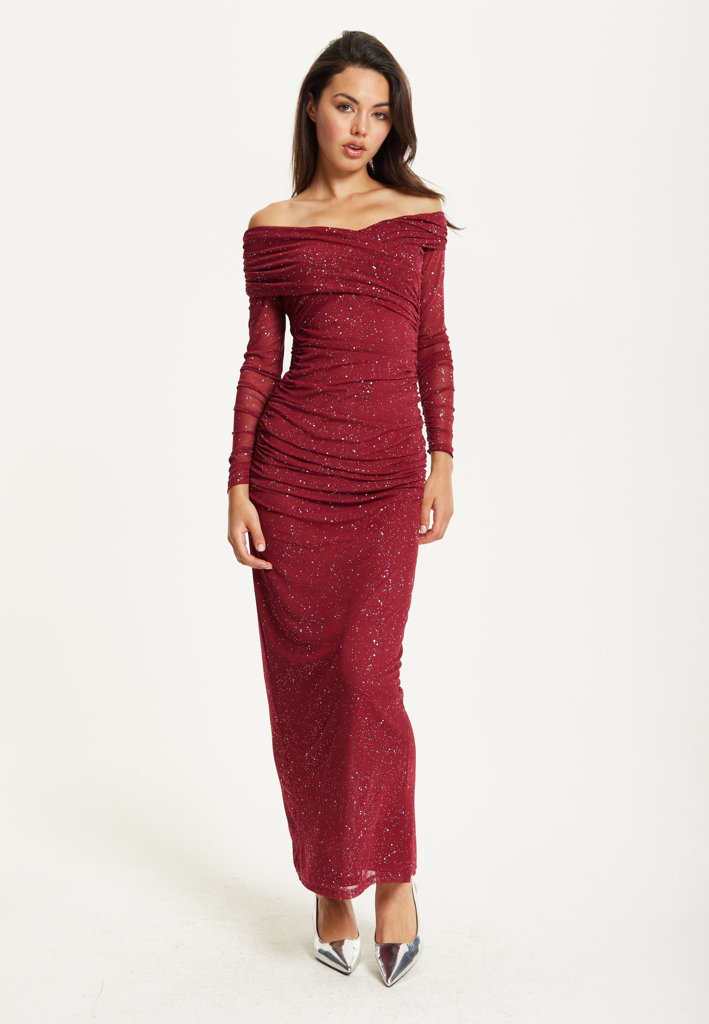 
                  
                    Burgundy Glitter Off Shoulder Maxi Dress
                  
                