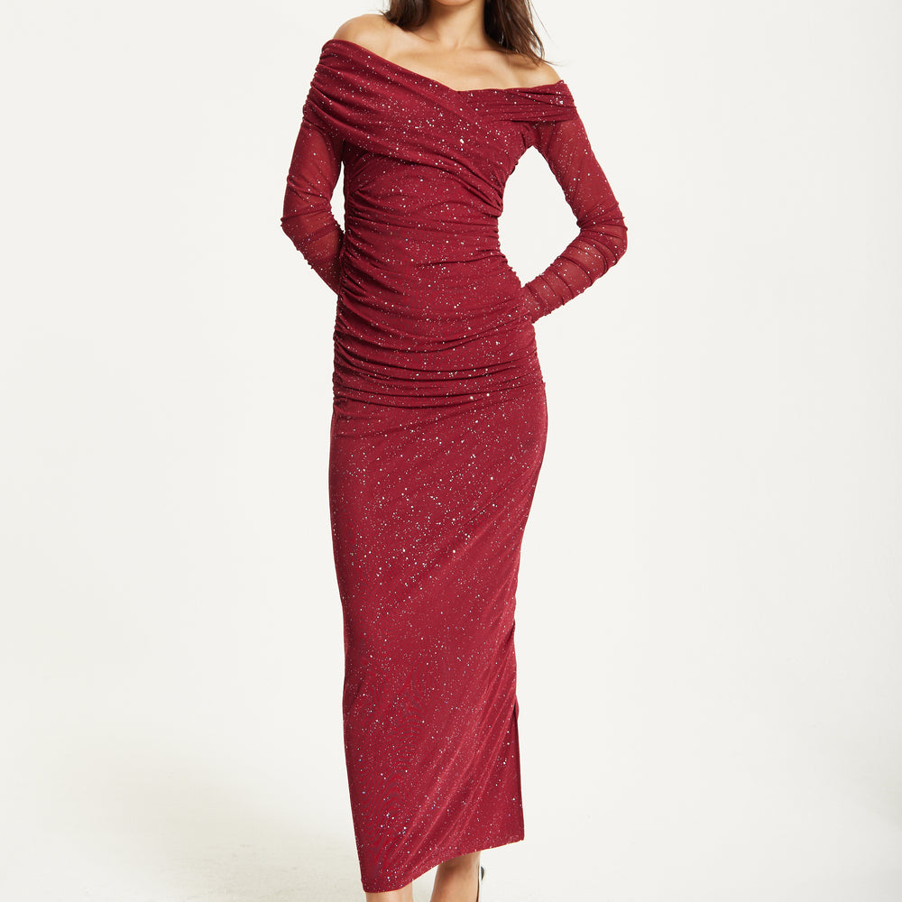 
                  
                    Burgundy Glitter Off Shoulder Maxi Dress
                  
                