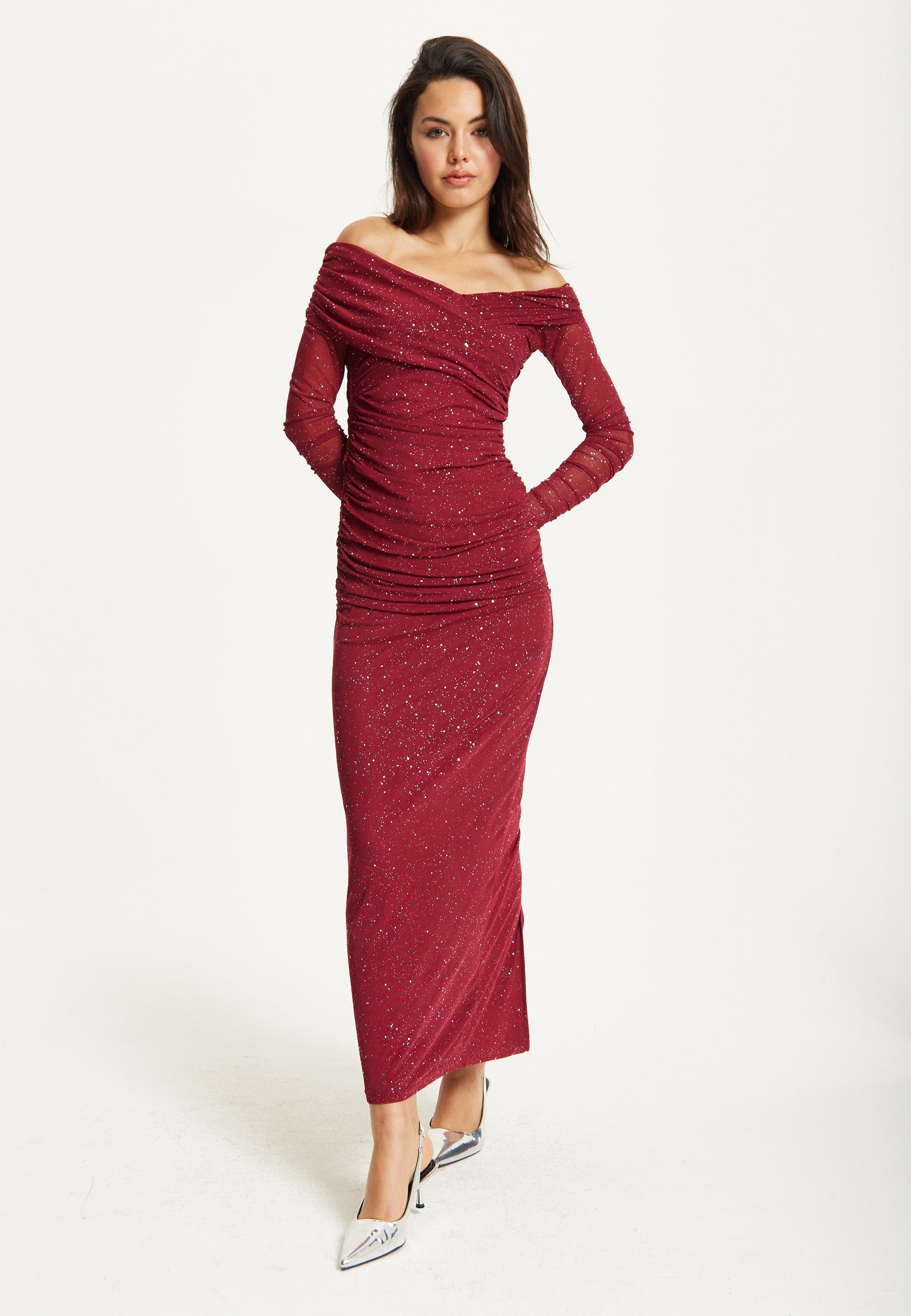 
                  
                    Burgundy Glitter Off Shoulder Maxi Dress
                  
                