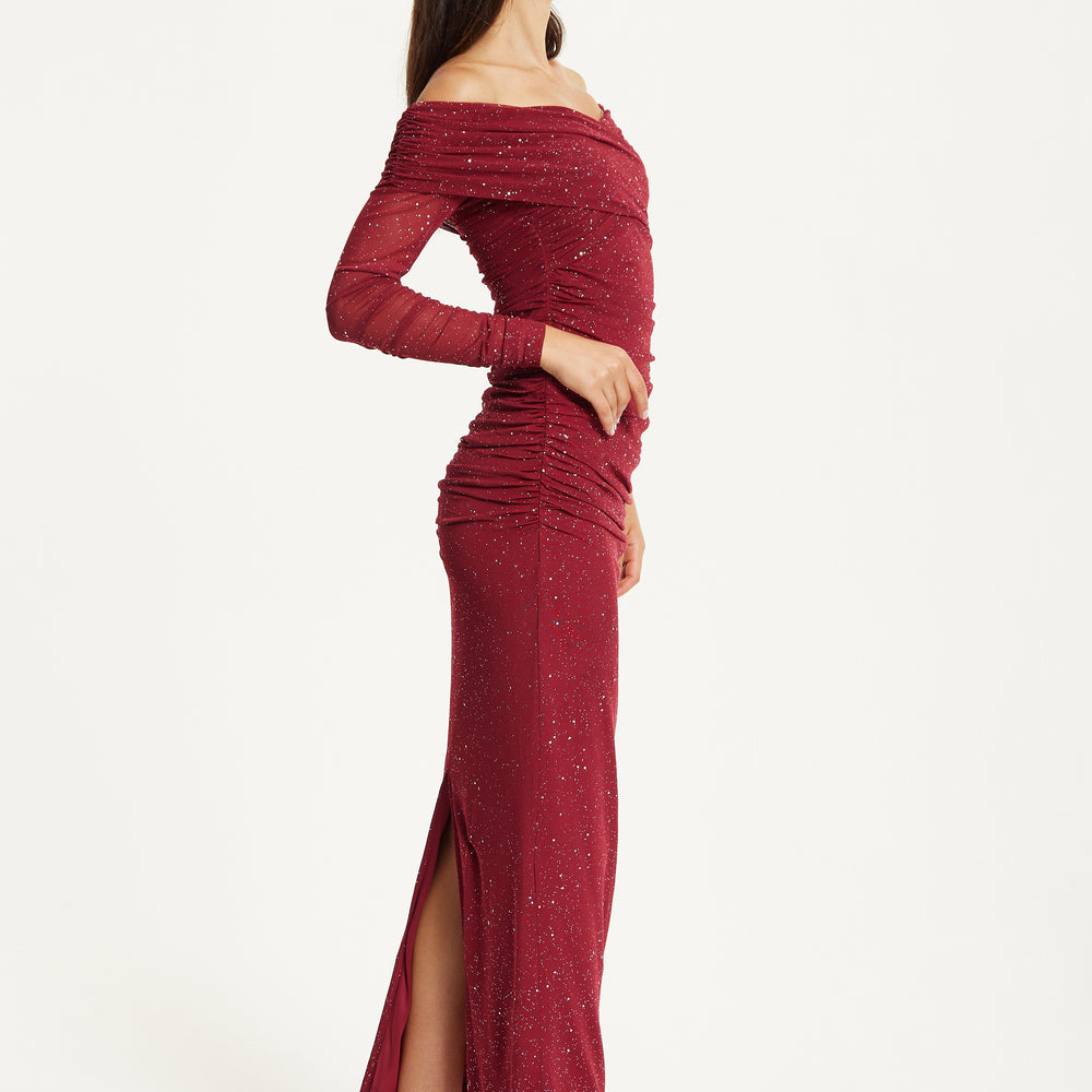 
                  
                    Burgundy Glitter Off Shoulder Maxi Dress
                  
                