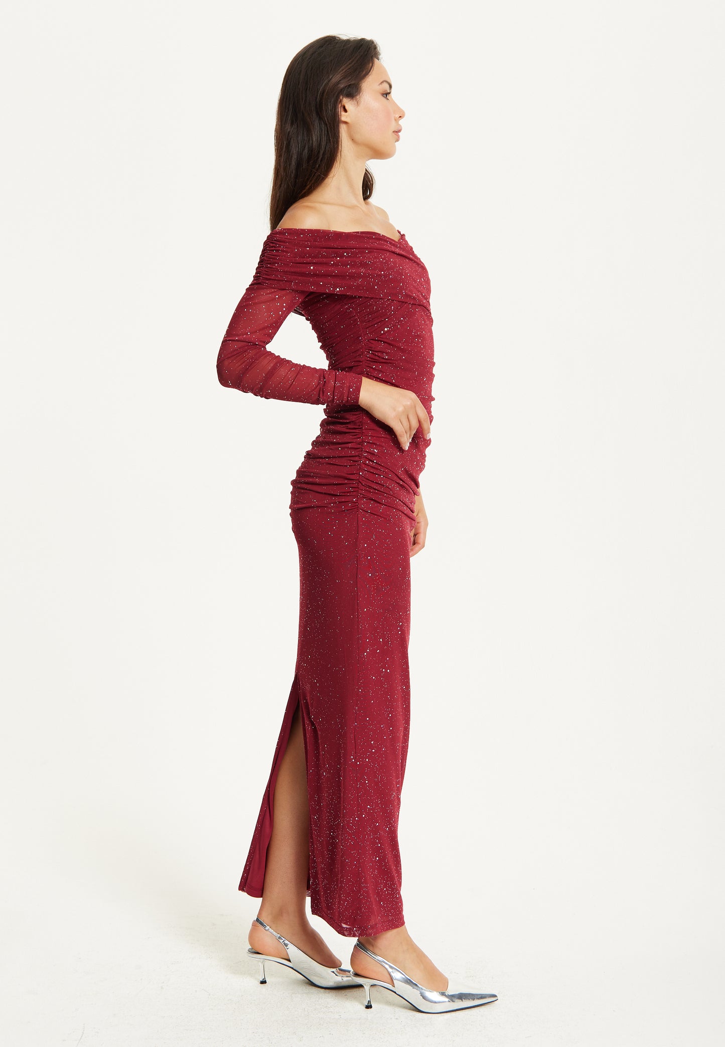 
                  
                    Burgundy Glitter Off Shoulder Maxi Dress
                  
                