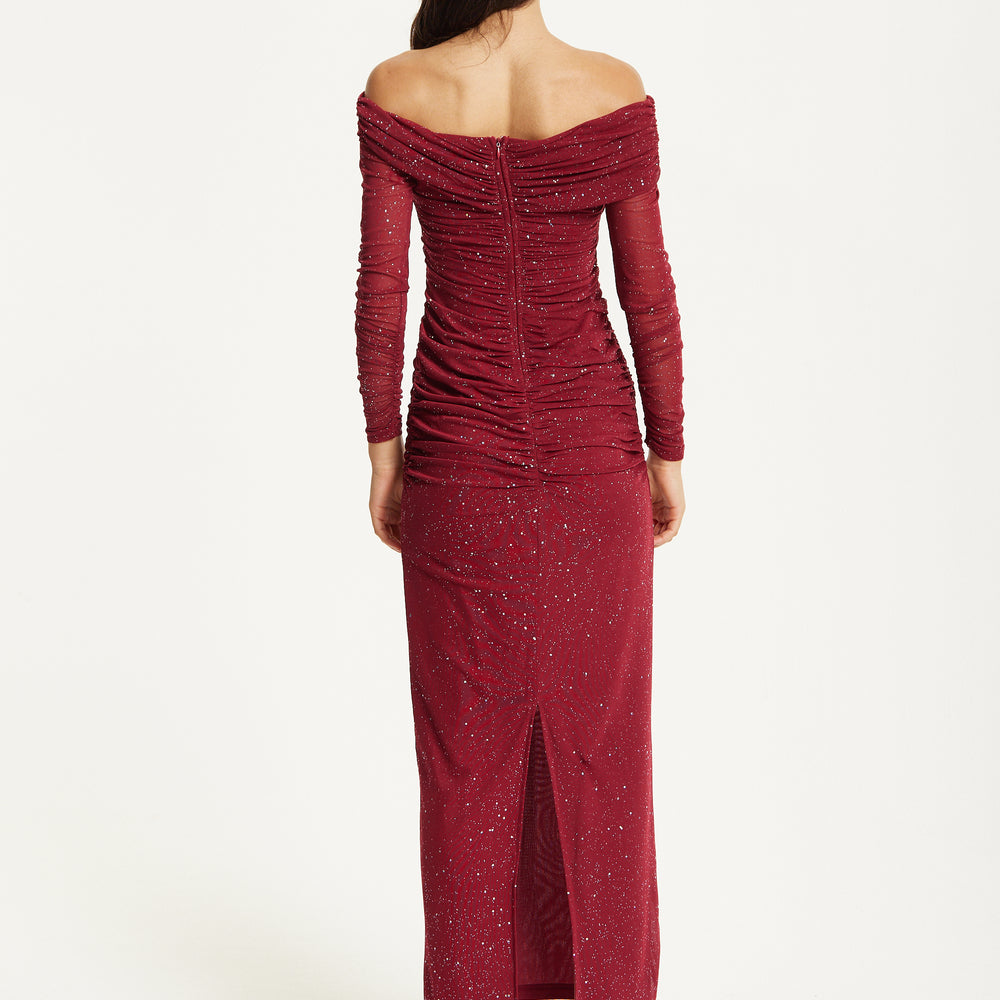 
                  
                    Burgundy Glitter Off Shoulder Maxi Dress
                  
                