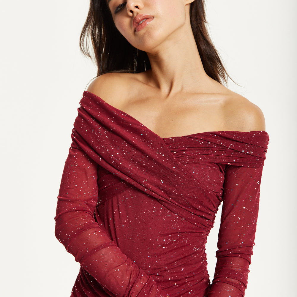 
                  
                    Burgundy Glitter Off Shoulder Maxi Dress
                  
                
