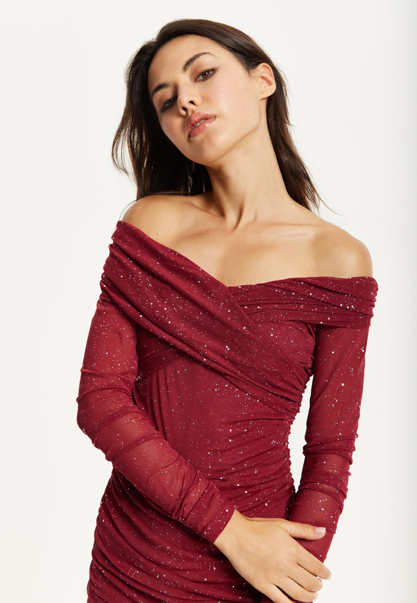 
                  
                    Burgundy Glitter Off Shoulder Maxi Dress
                  
                