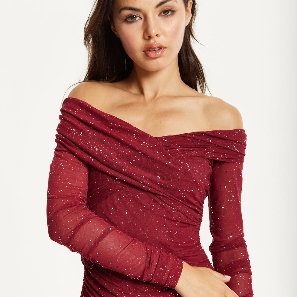 
                  
                    Burgundy Glitter Off Shoulder Maxi Dress
                  
                