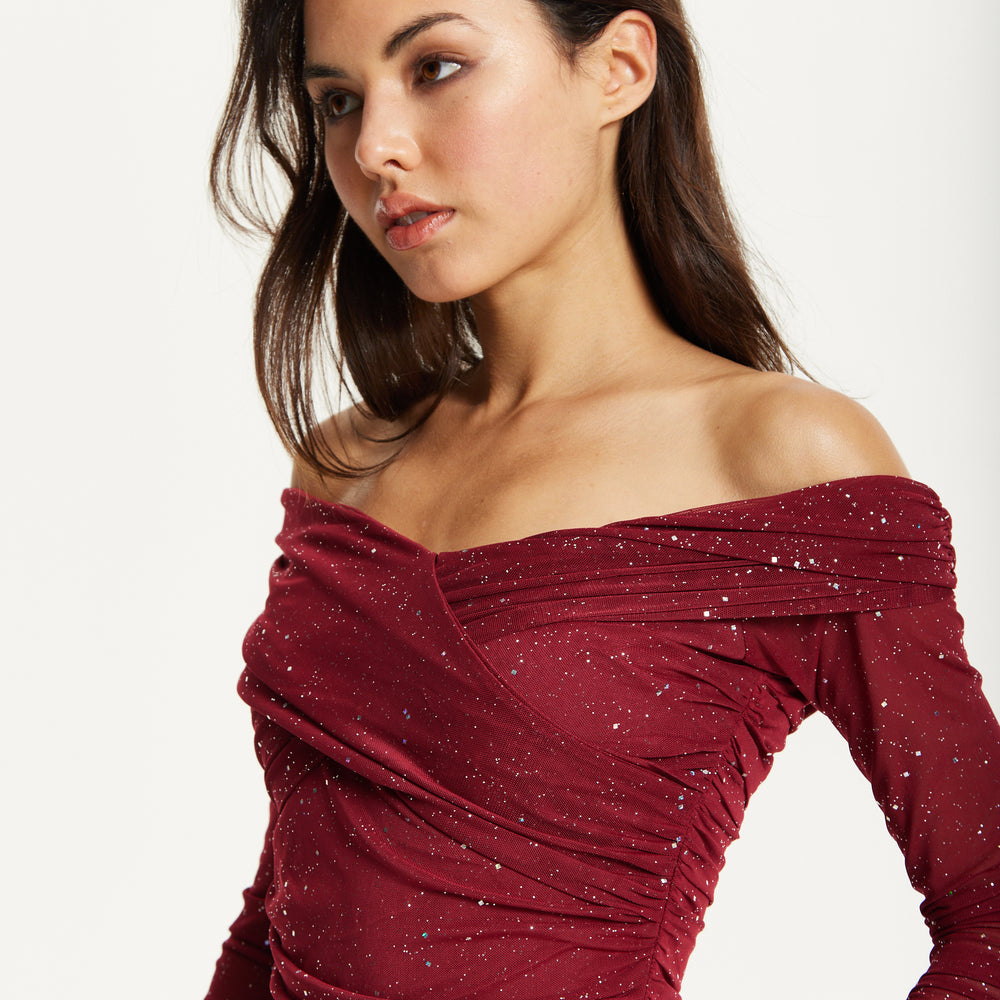 
                  
                    Burgundy Glitter Off Shoulder Maxi Dress
                  
                