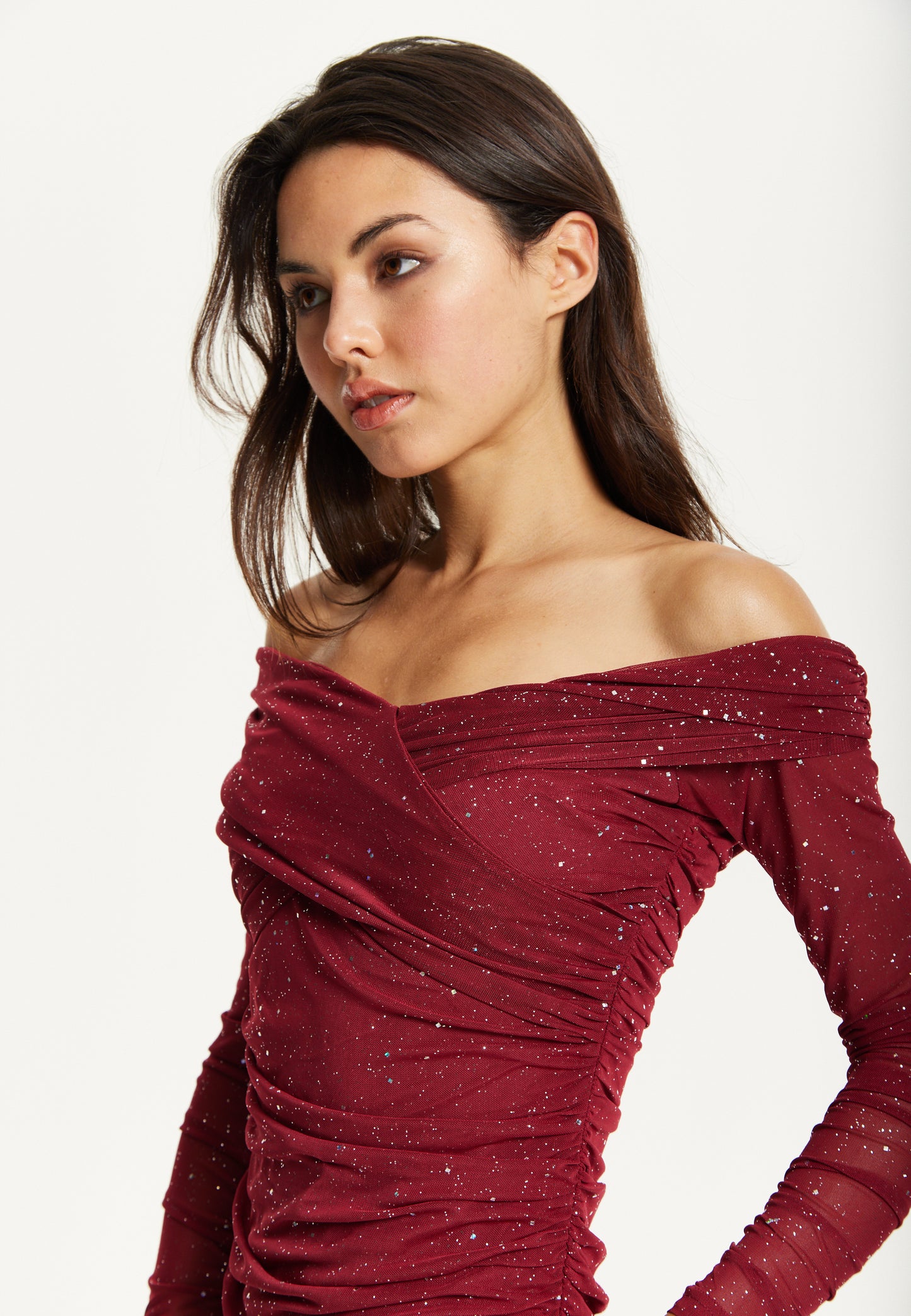 
                  
                    Burgundy Glitter Off Shoulder Maxi Dress
                  
                