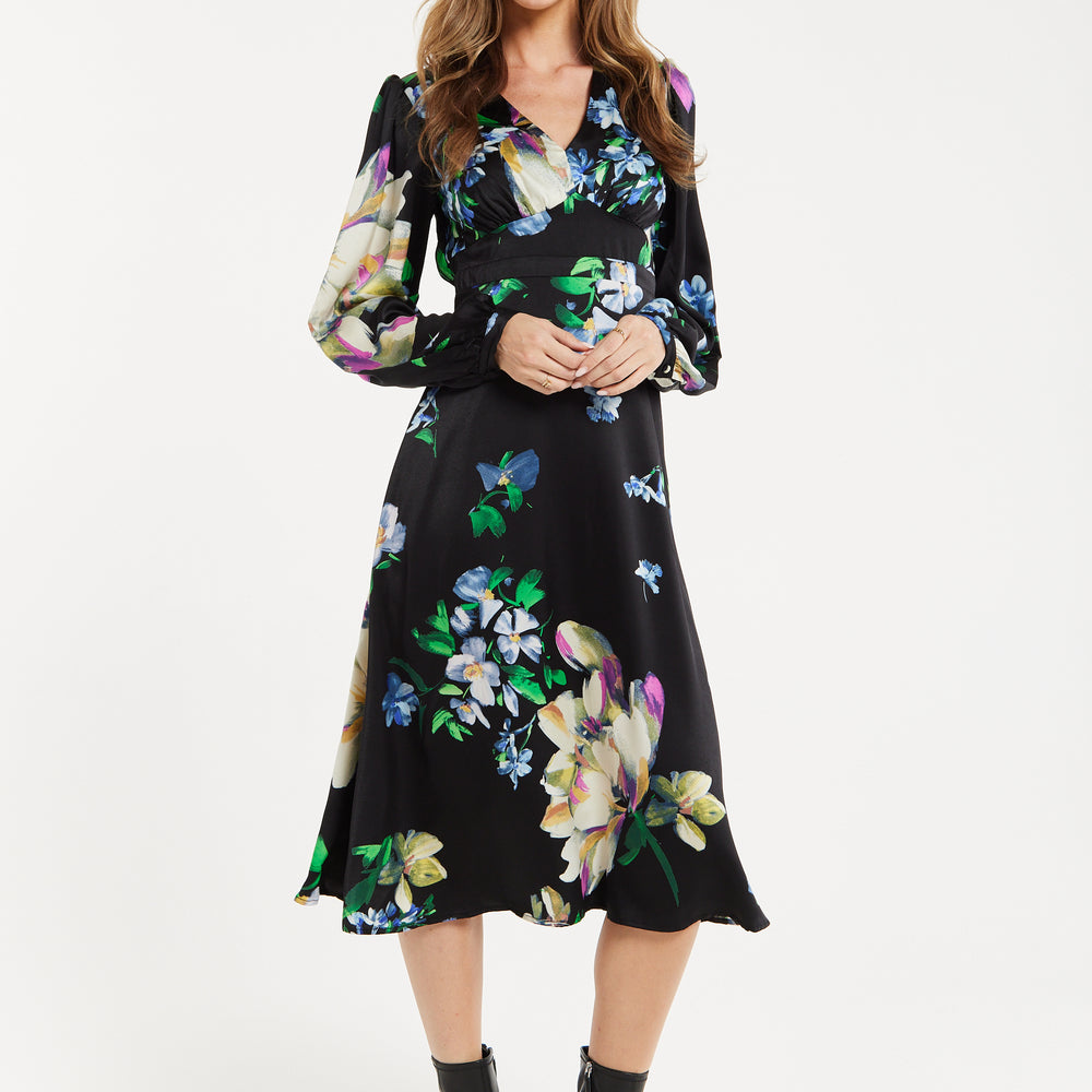 
                  
                    Women's Midi Dress in Black with Long Balloon Sleeves and Elegant Floral Print by Liquorish
                  
                